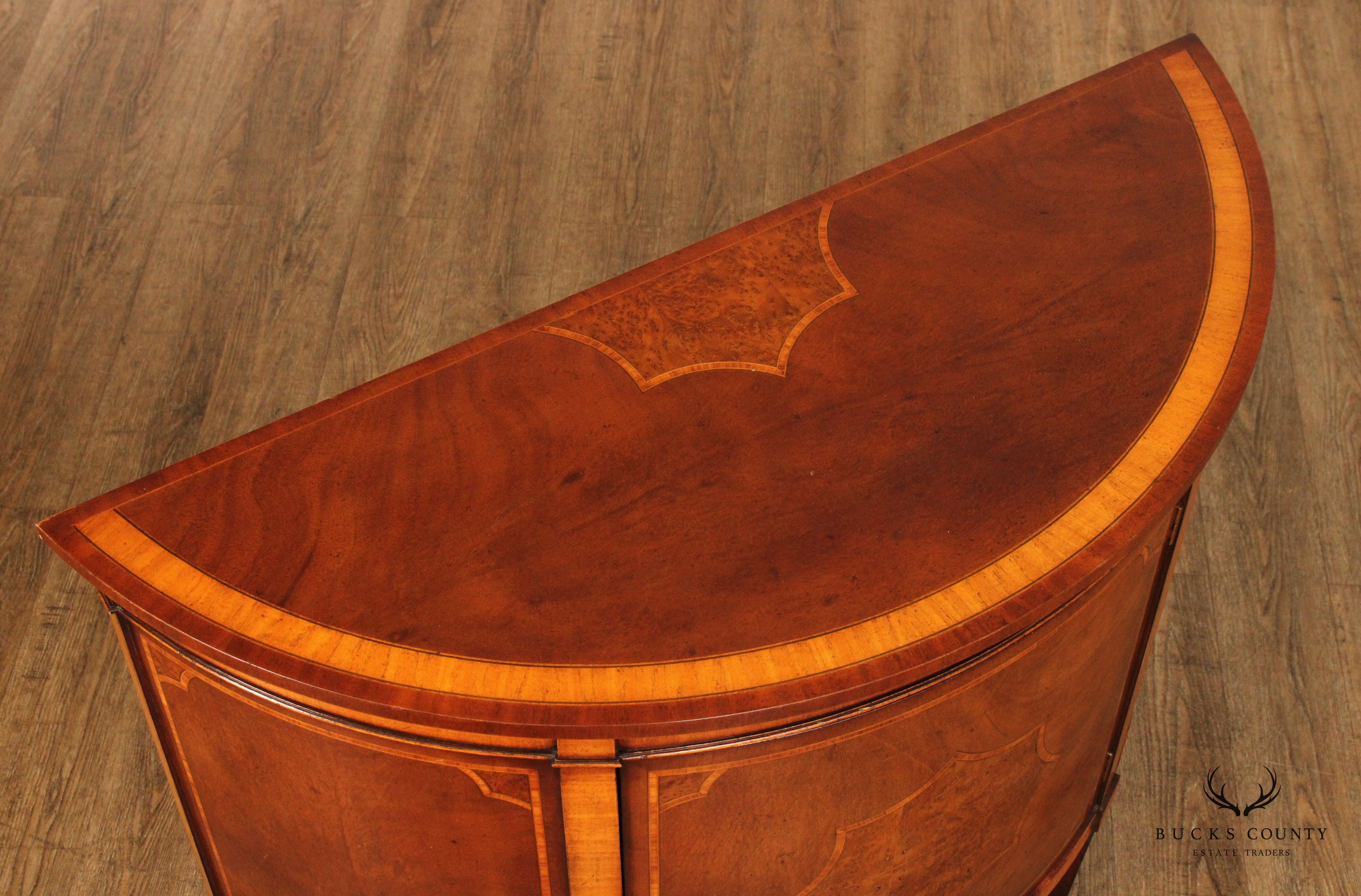 Regency Style Inlaid Walnut Demilune Cabinet Commode