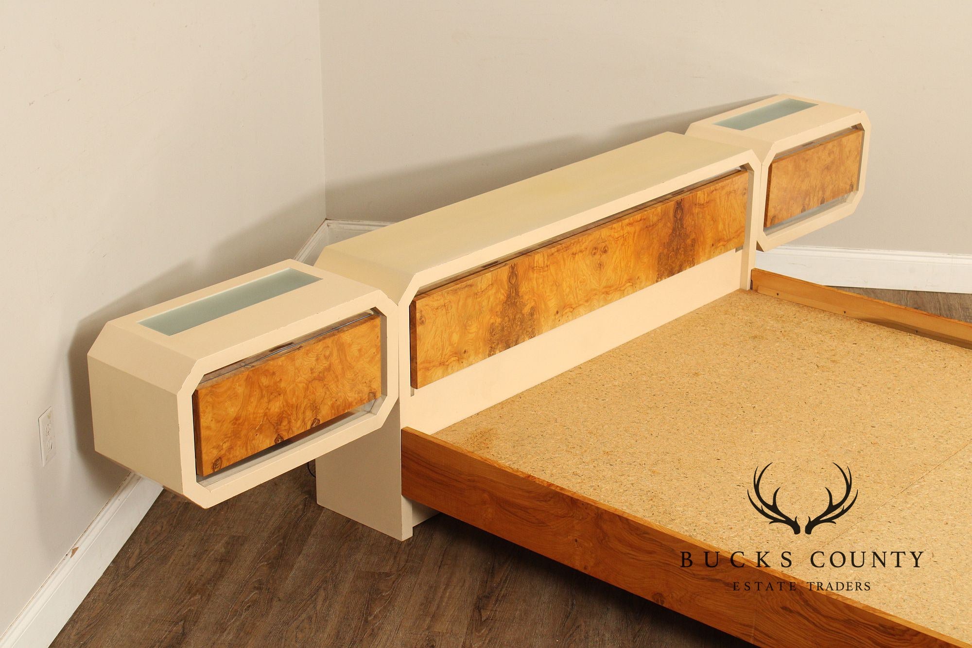 Pace Collection Mid Century Modern Burlwood Queen Size Platform Bed With Floating Headboard And Nightstands