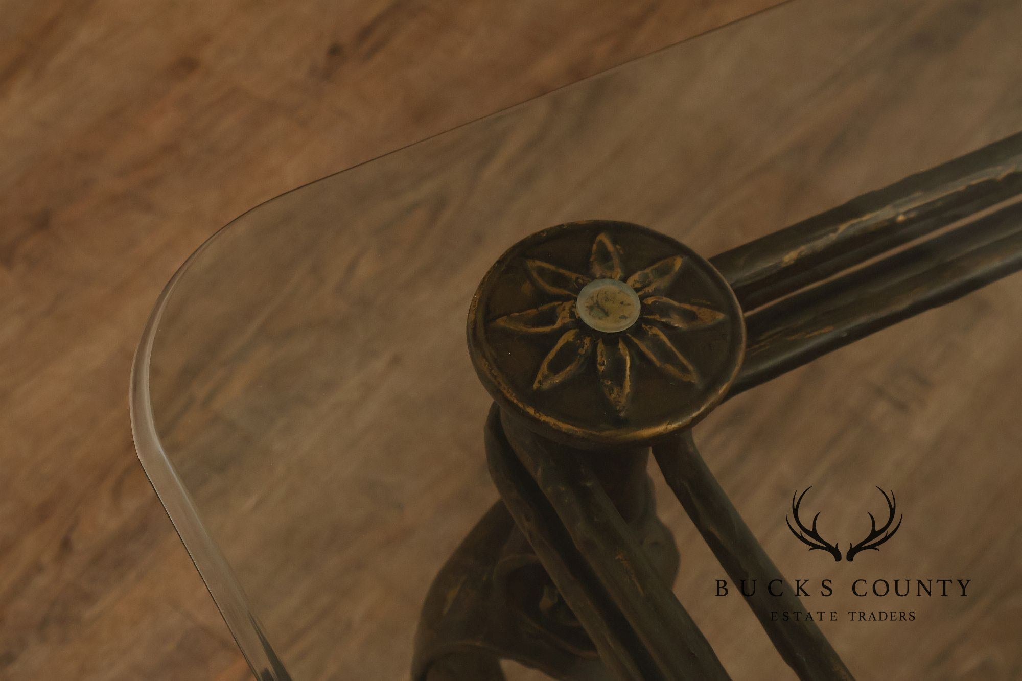 Neoclassical Revival Glass Top Metal Accent Table