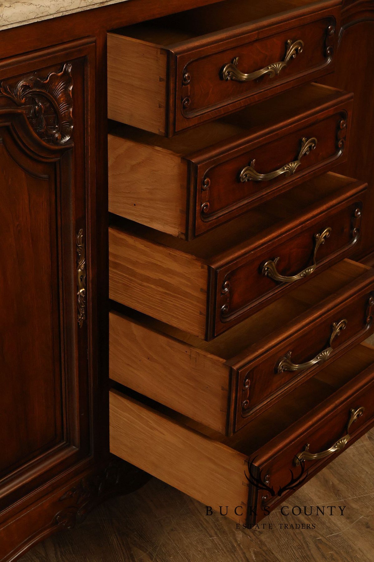 French Louis XV Style Carved Walnut Marble Top Sideboard
