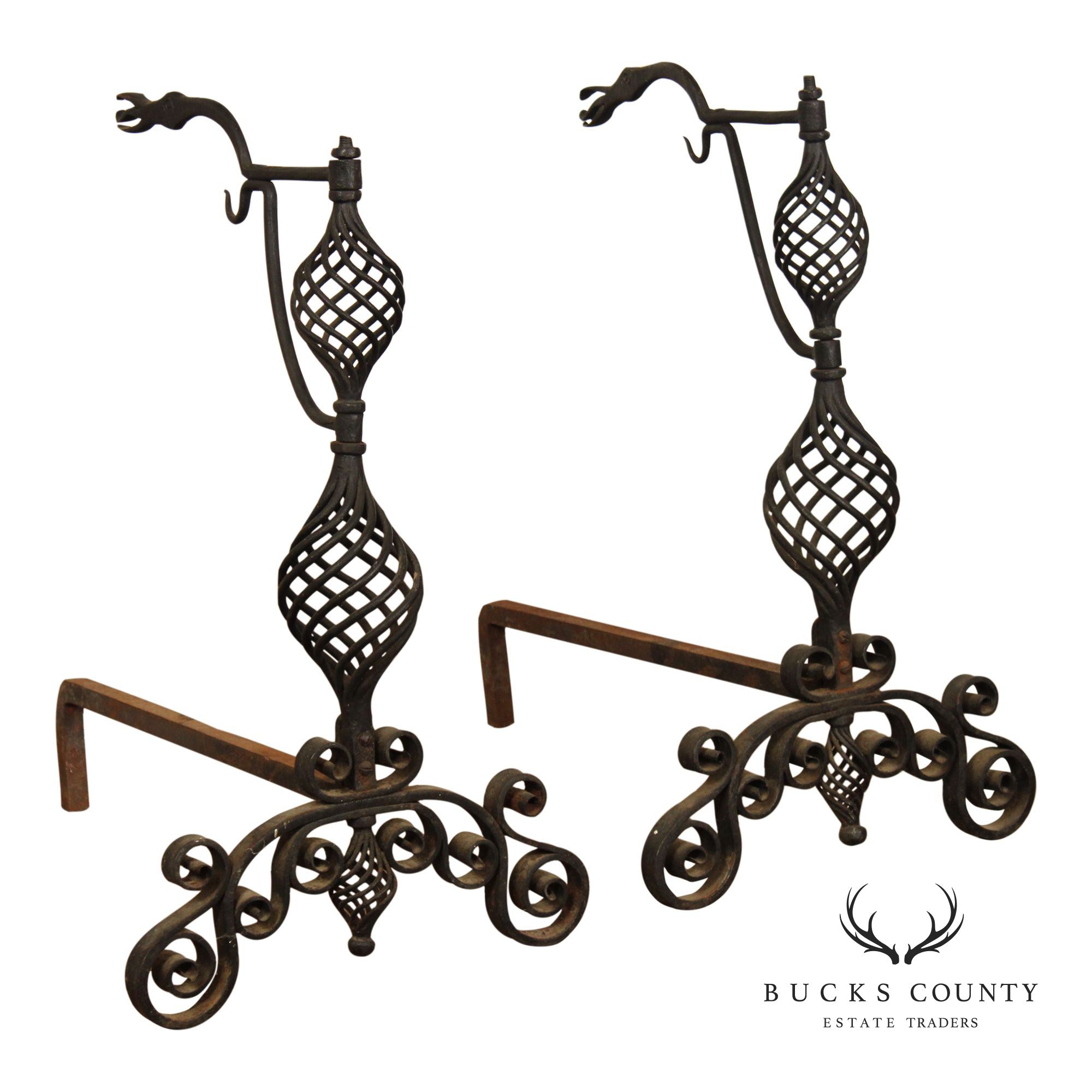 Arts & Crafts Pair of Scrolling Wrought Iron Andirons