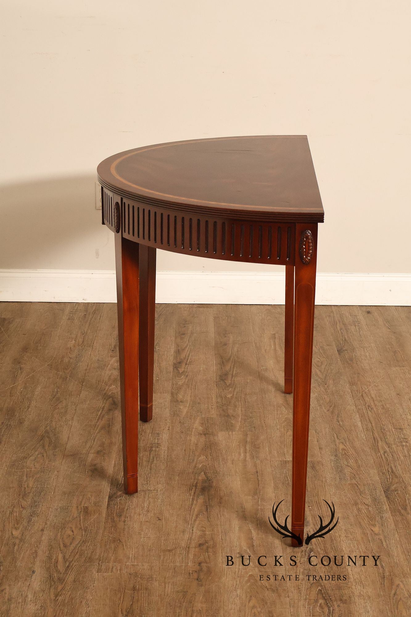 Custom Mahogany Inlaid Demilune Console Table