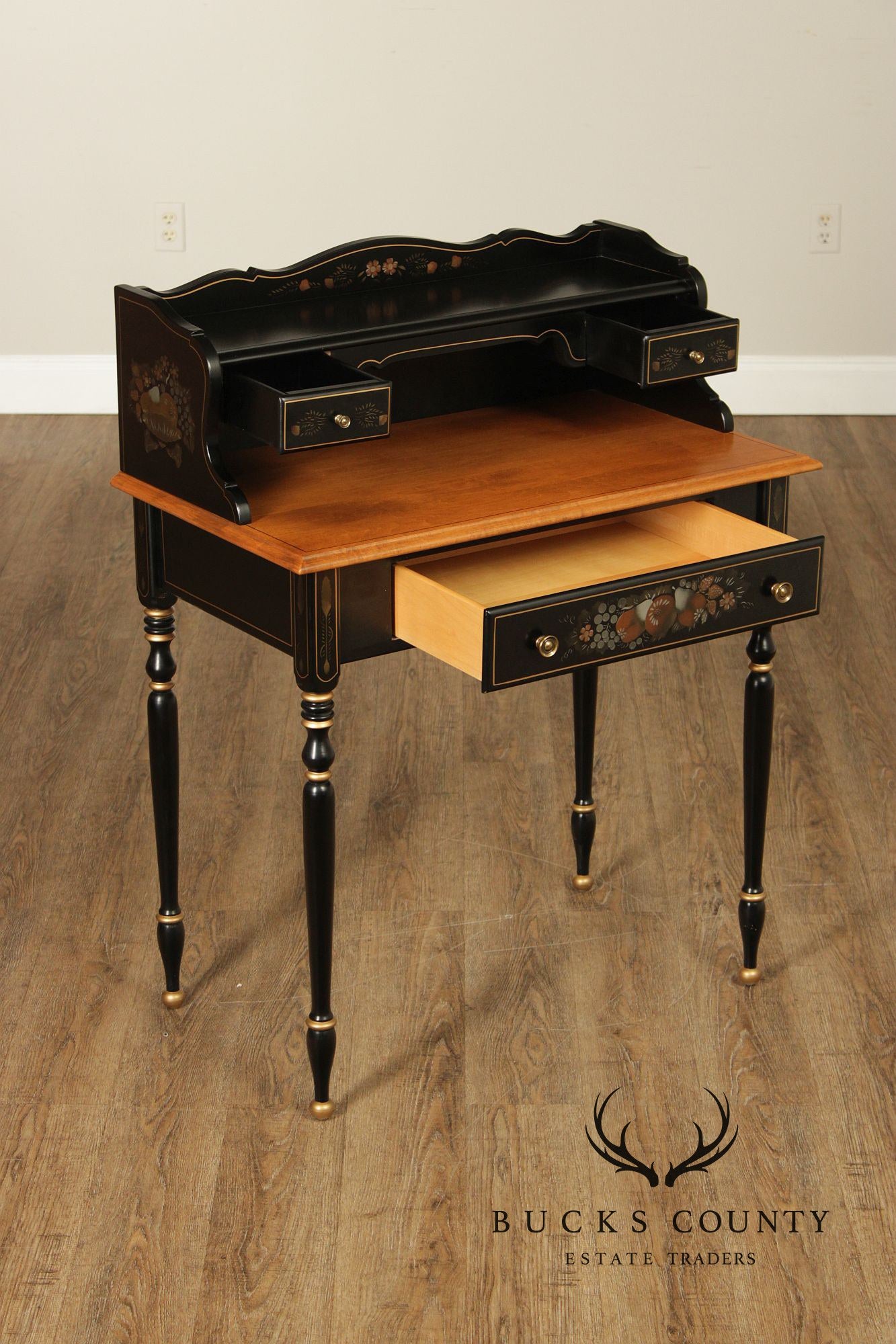 Ethan Allen Hitchcock Style Hand Painted Black Lacquer Writing Desk
