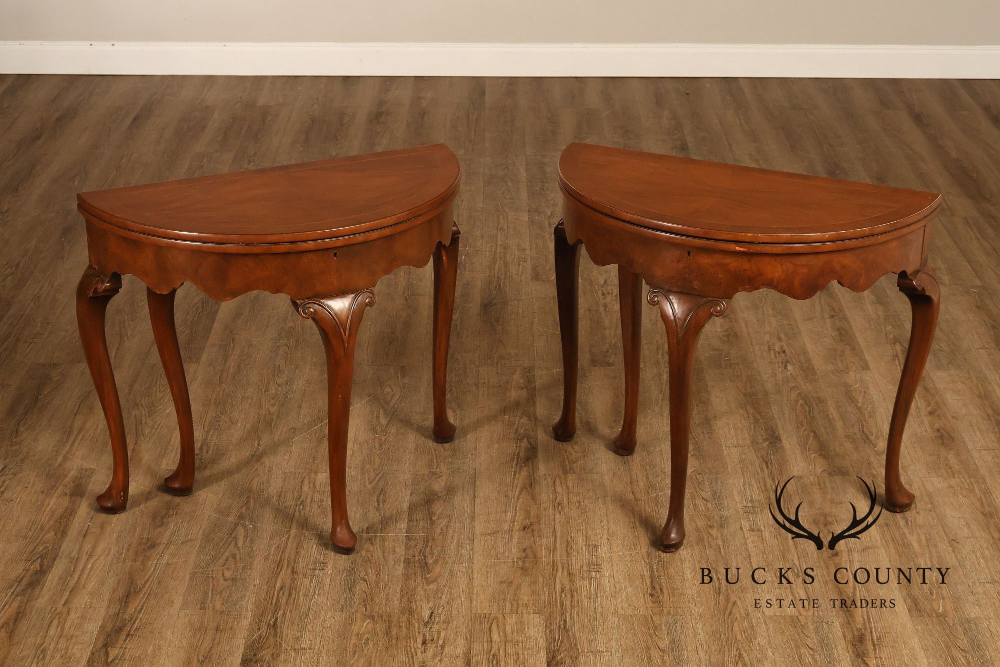 Baker Furniture Vintage Pair Of Walnut Demilune Flip Top Card Tables