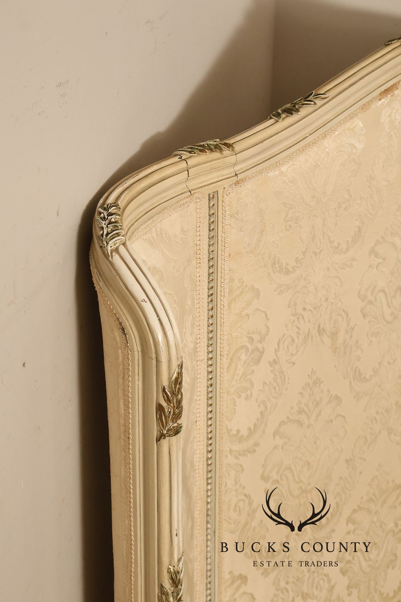 Antique French Louis XVI Style Painted & Upholstered Full Size Bed Frame