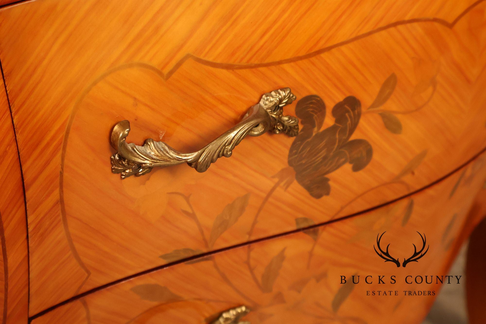 Italian Louis XV Style Marquetry Inlaid Marble Top Bombe Chest Commode