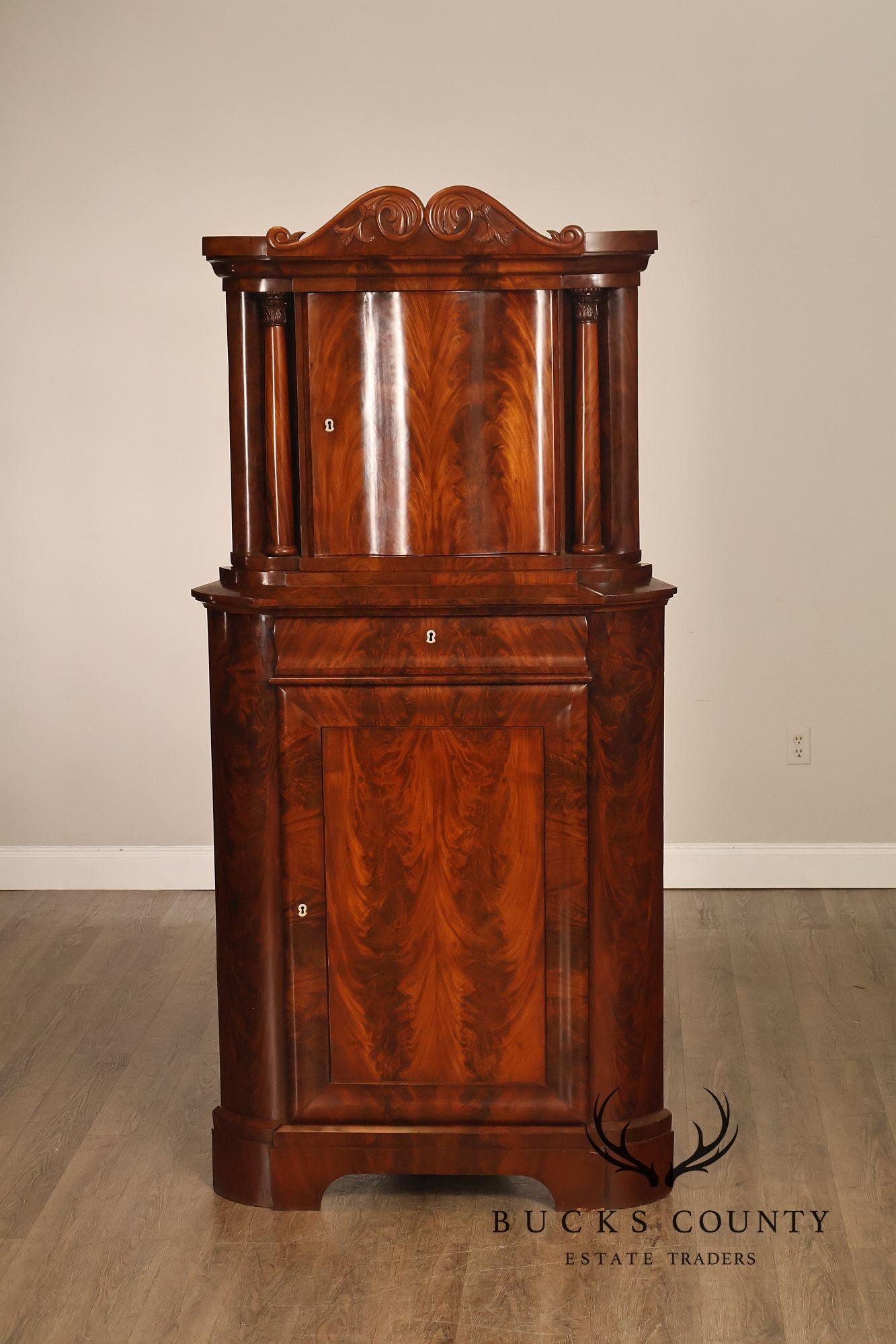Antique Mahogany Biedermeier Two Piece Corner Cabinet
