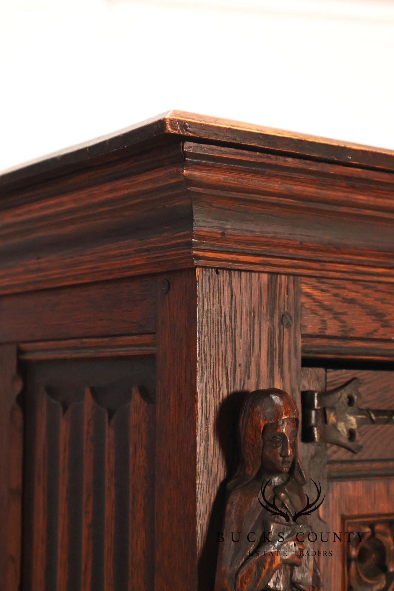 Antique Neo-Gothic Carved Oak Sideboard Server With Figural Panels