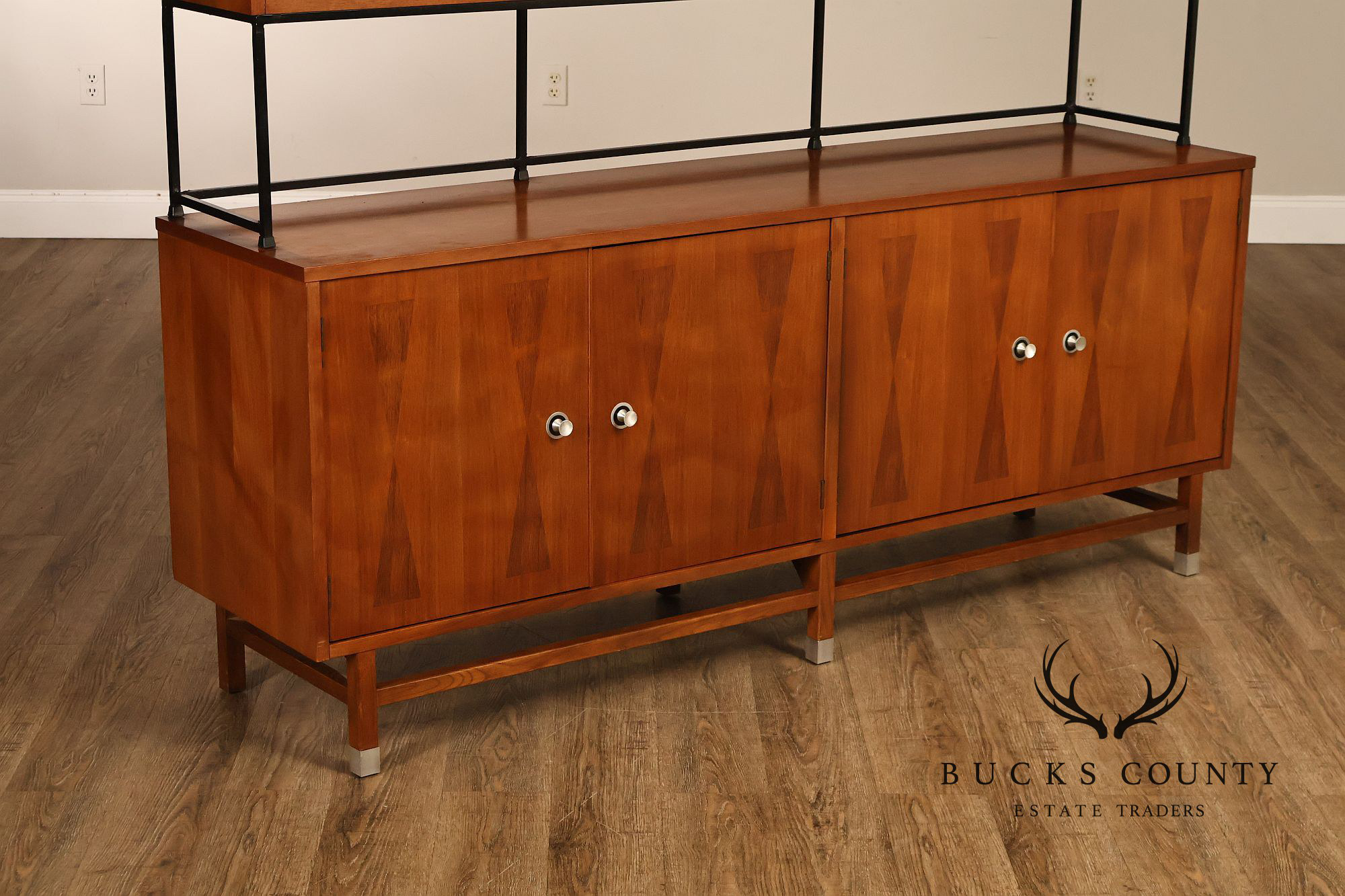 Stanley Mid Century Modern Walnut & Rosewood Inlaid Wall Unit Credenza