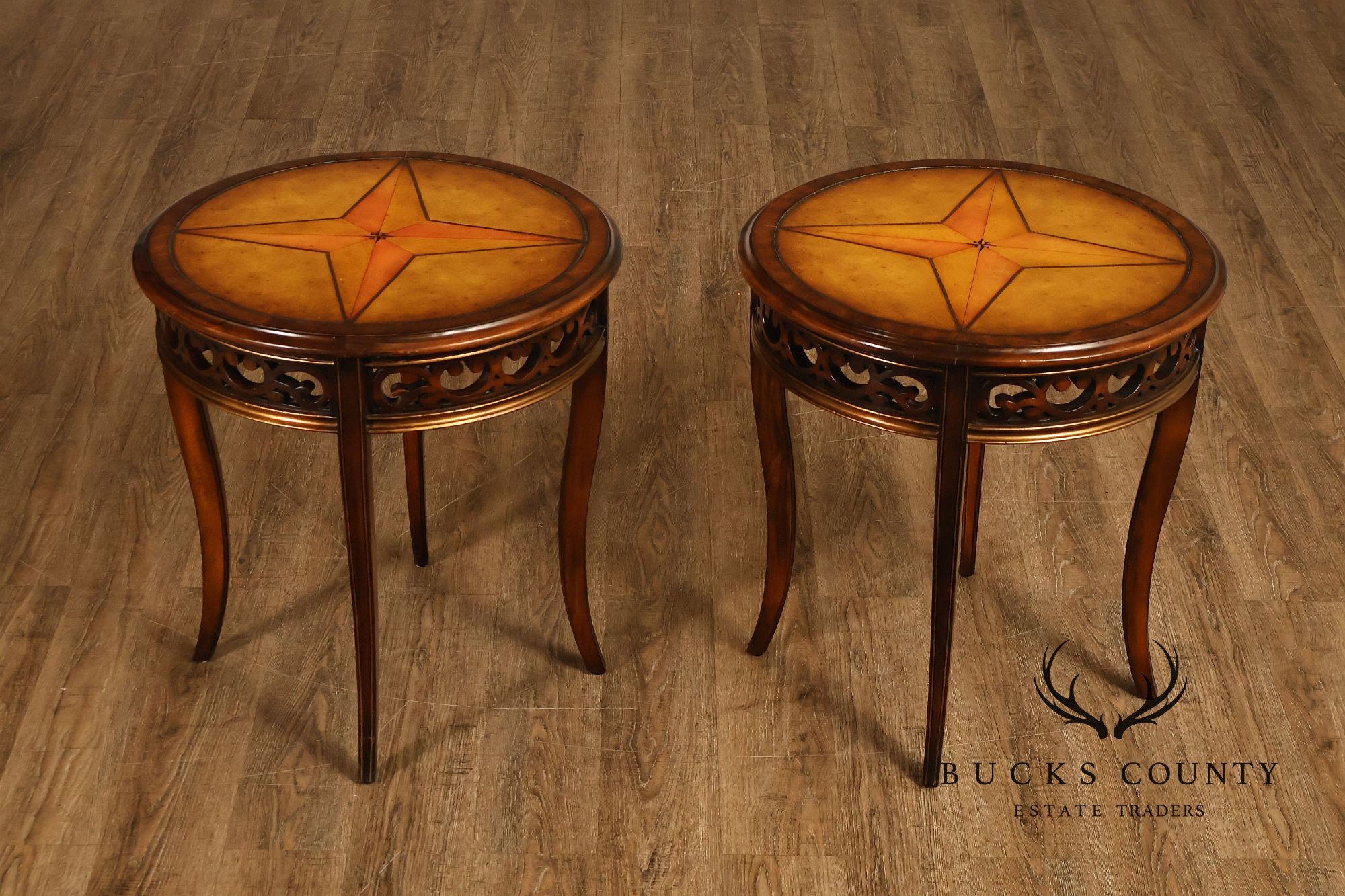 John Richard 'European Crossroads' Pair of Round Leather Top Lamp Tables