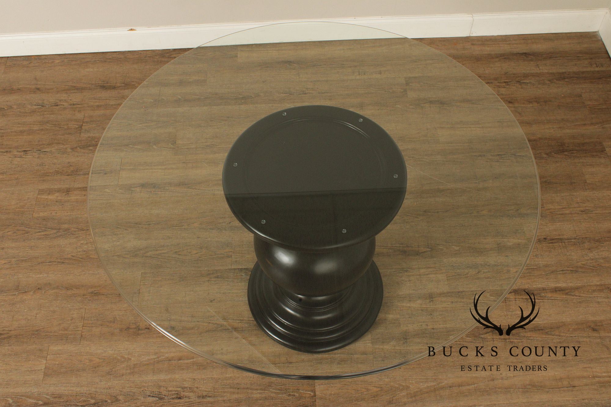 Contemporary Round Glass Top Ebonized Pedestal Dining Table