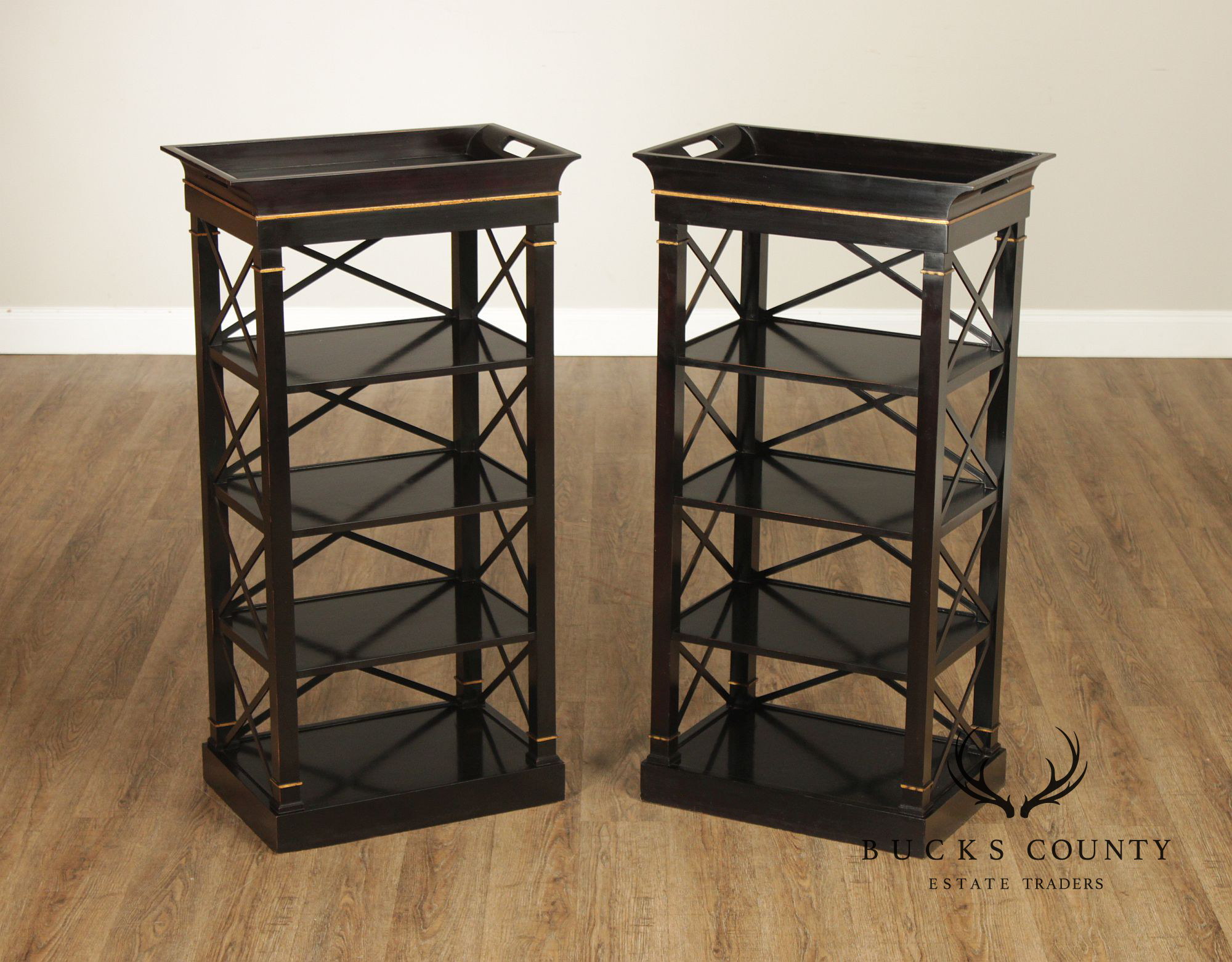 Baker Furniture Neoclassical Style Pair of Tray Top Bookcases