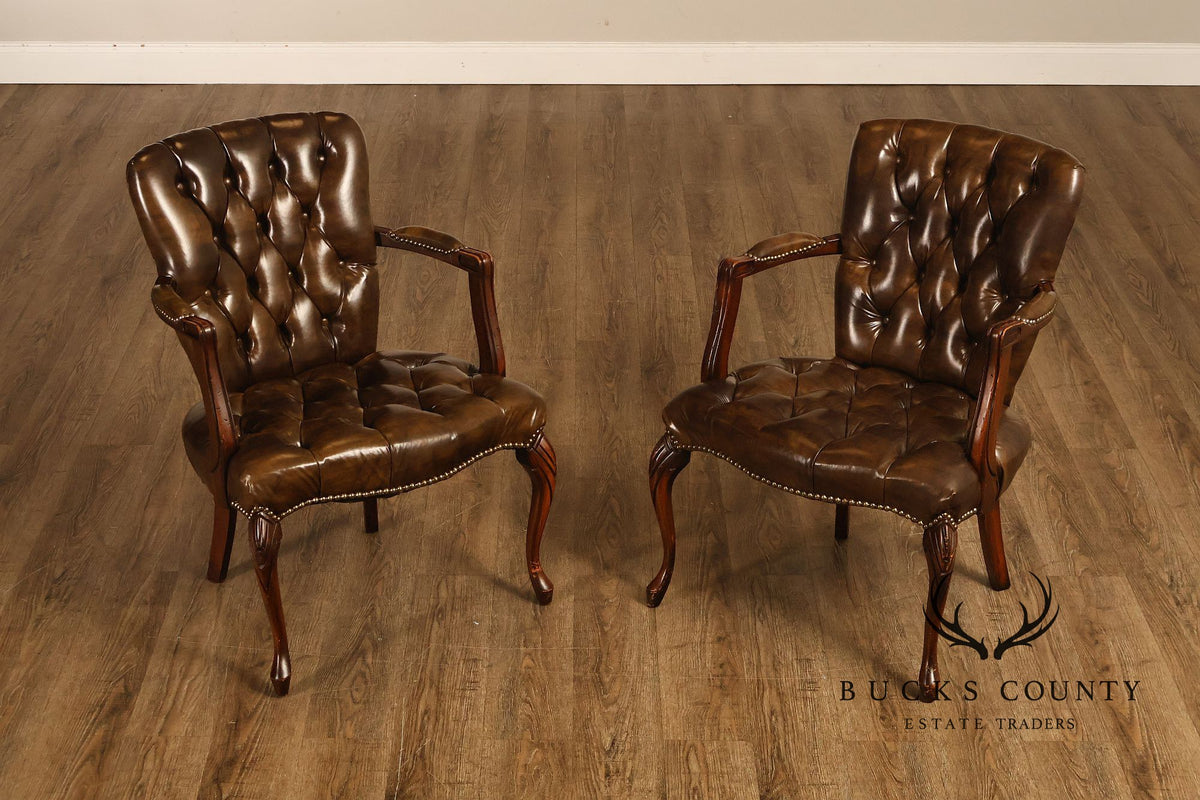 Vintage Chippendale Style Pair Of Tufted Armchairs