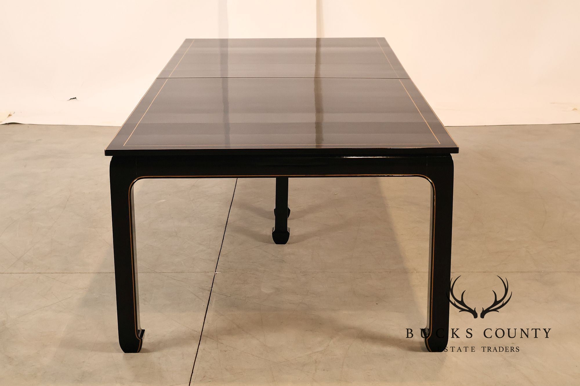 Custom Black Lacquered 12 Foot Extendable Dining Table With Gold Line Inlay