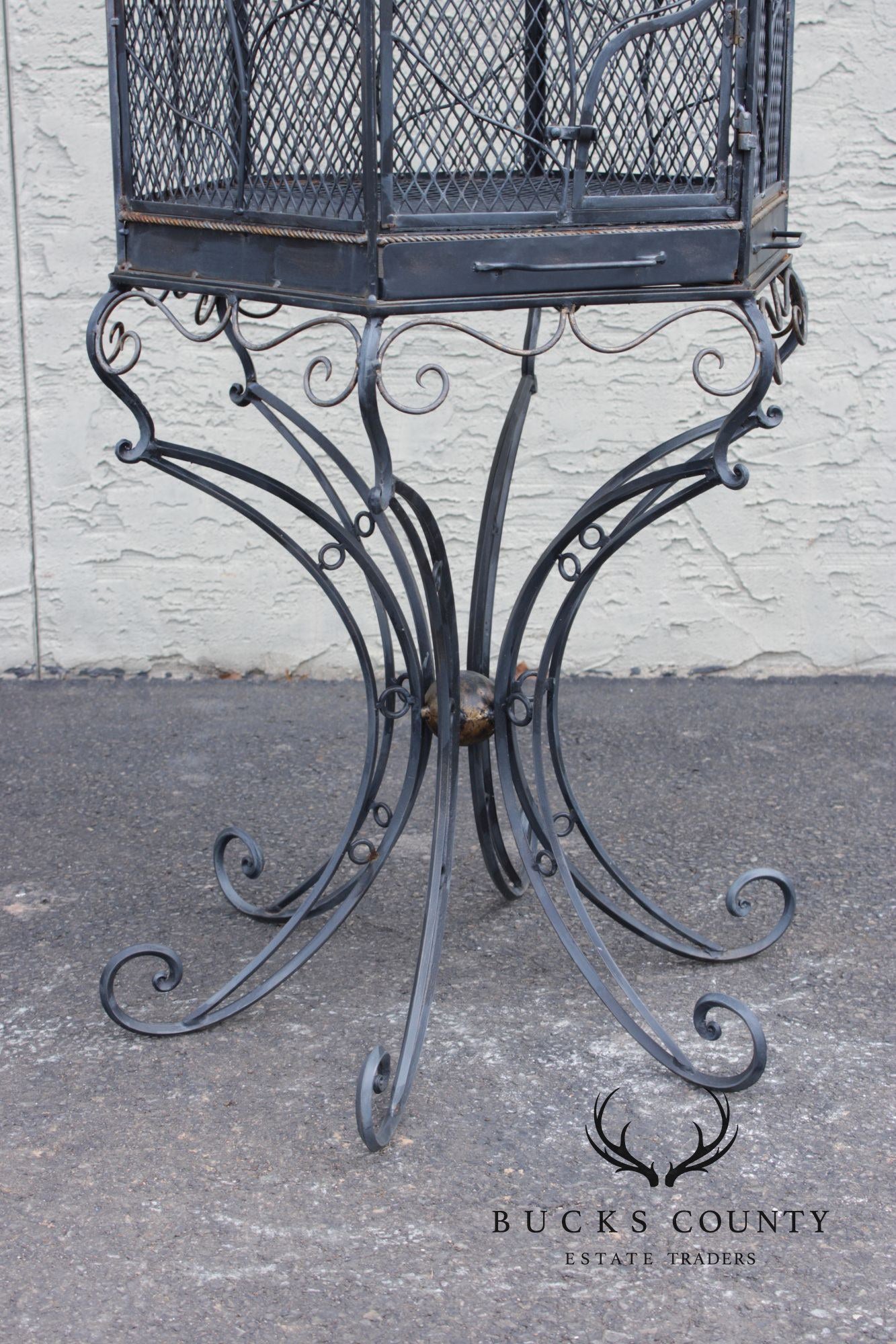 Vintage Wrought Iron Garden Bird Cage On Stand