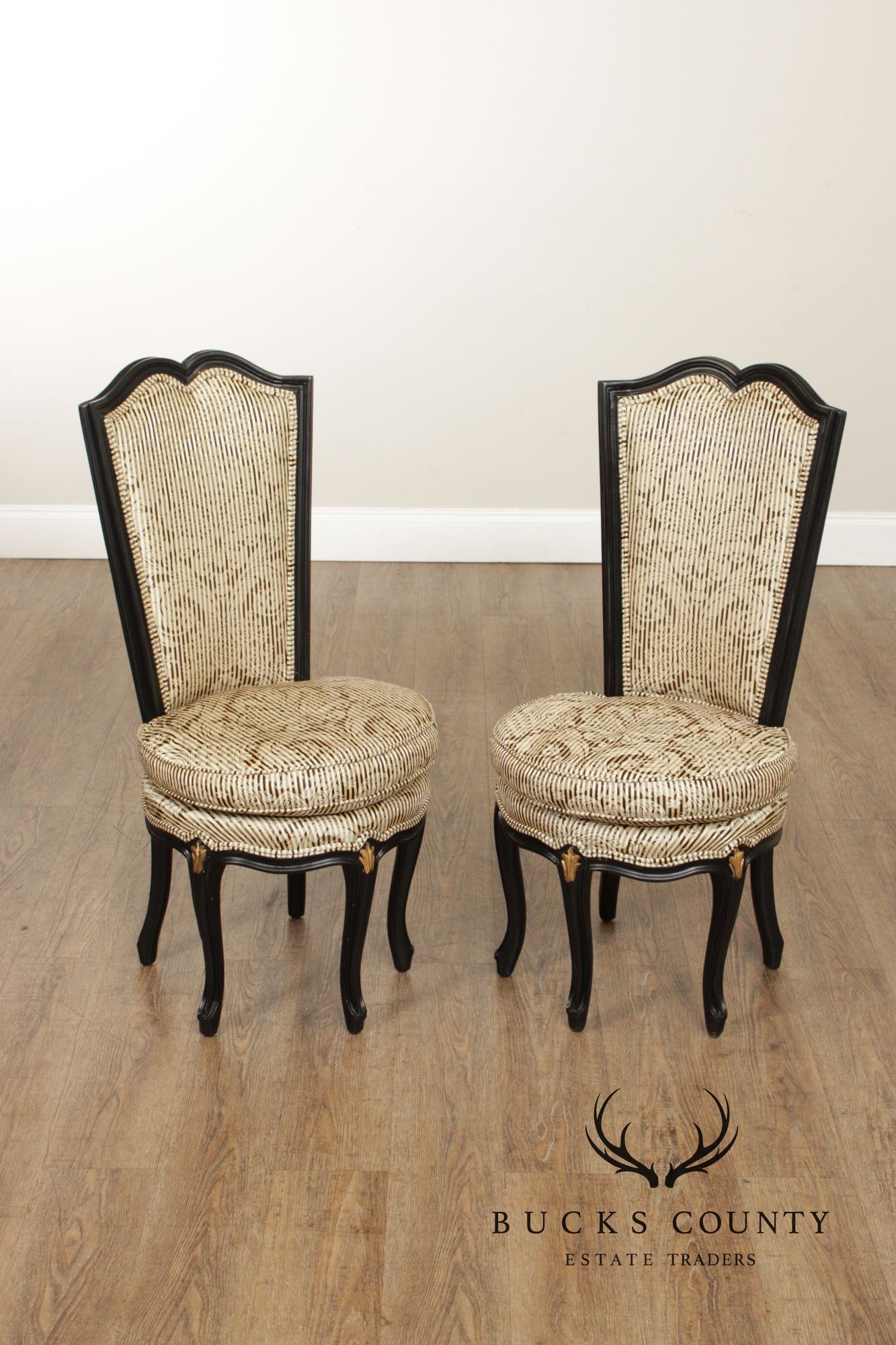 Italian Rococo Style Pair of Ebonized and Partial Gilt Side Chairs