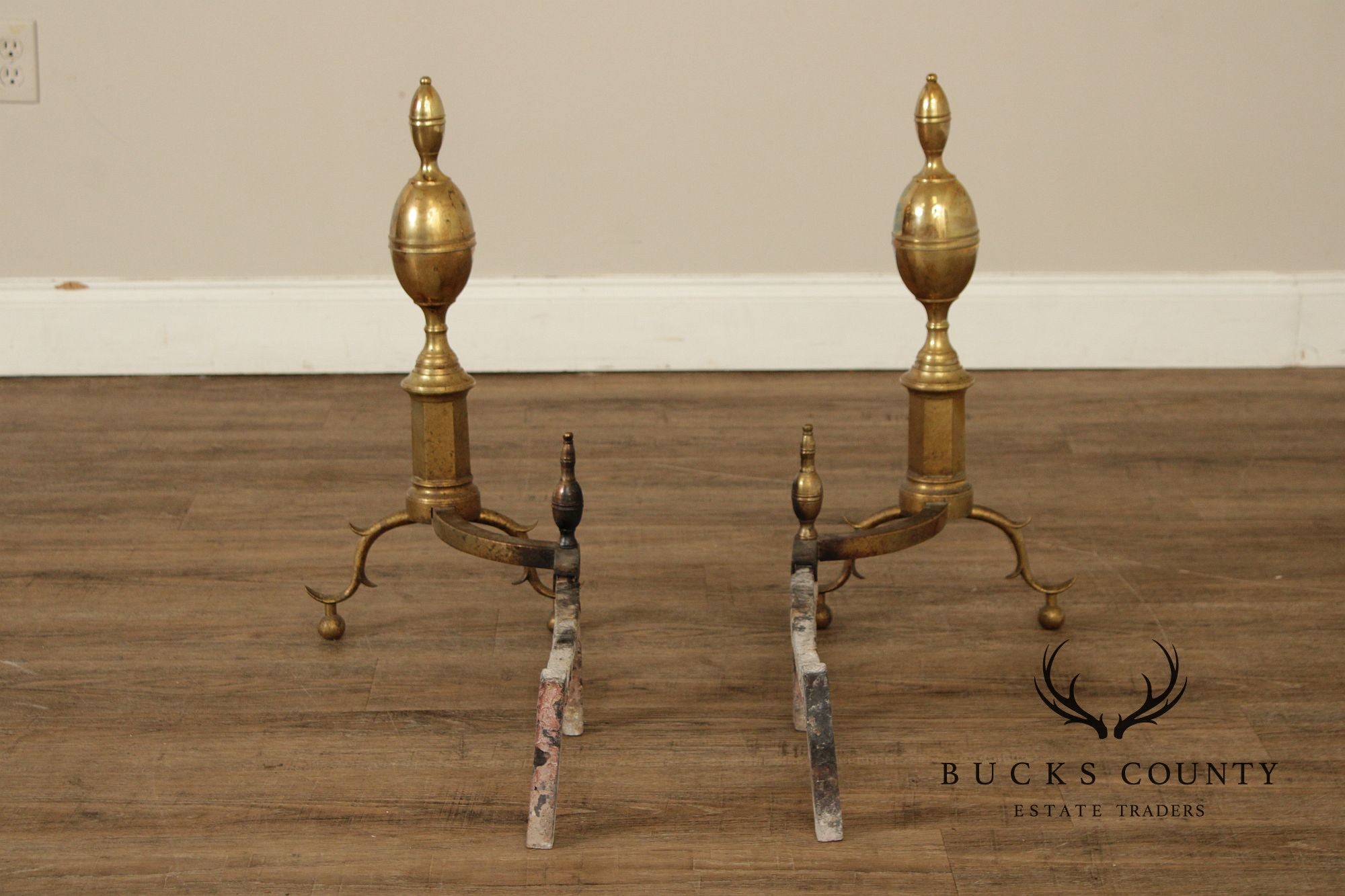Vintage Federal Style Pair of Brass Andirons