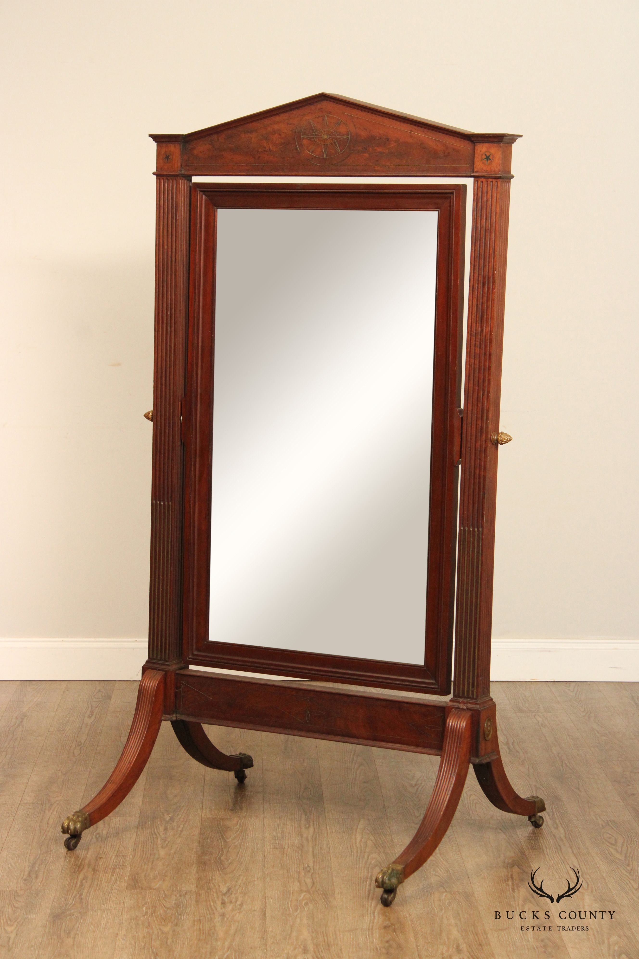 Antique 19th Century Empire Style Mahogany Cheval Mirror On Brass Paw Feet