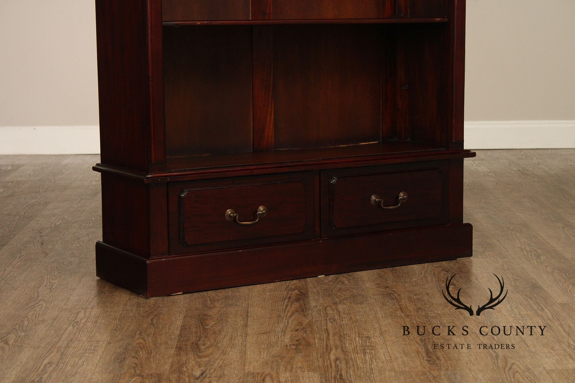 Mahogany Pair Of Tall Open Bookcases With Drawers