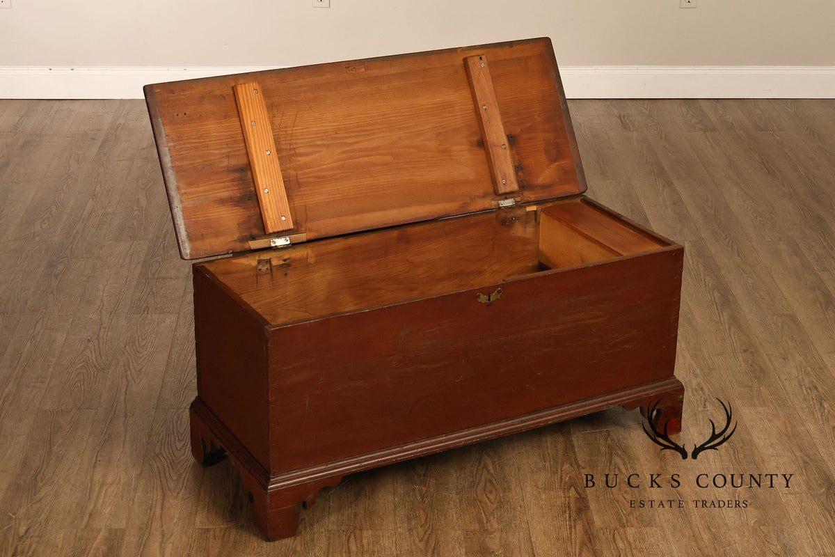 Antique Red Painted Cedar Blanket Chest With Cast Iron Strapping