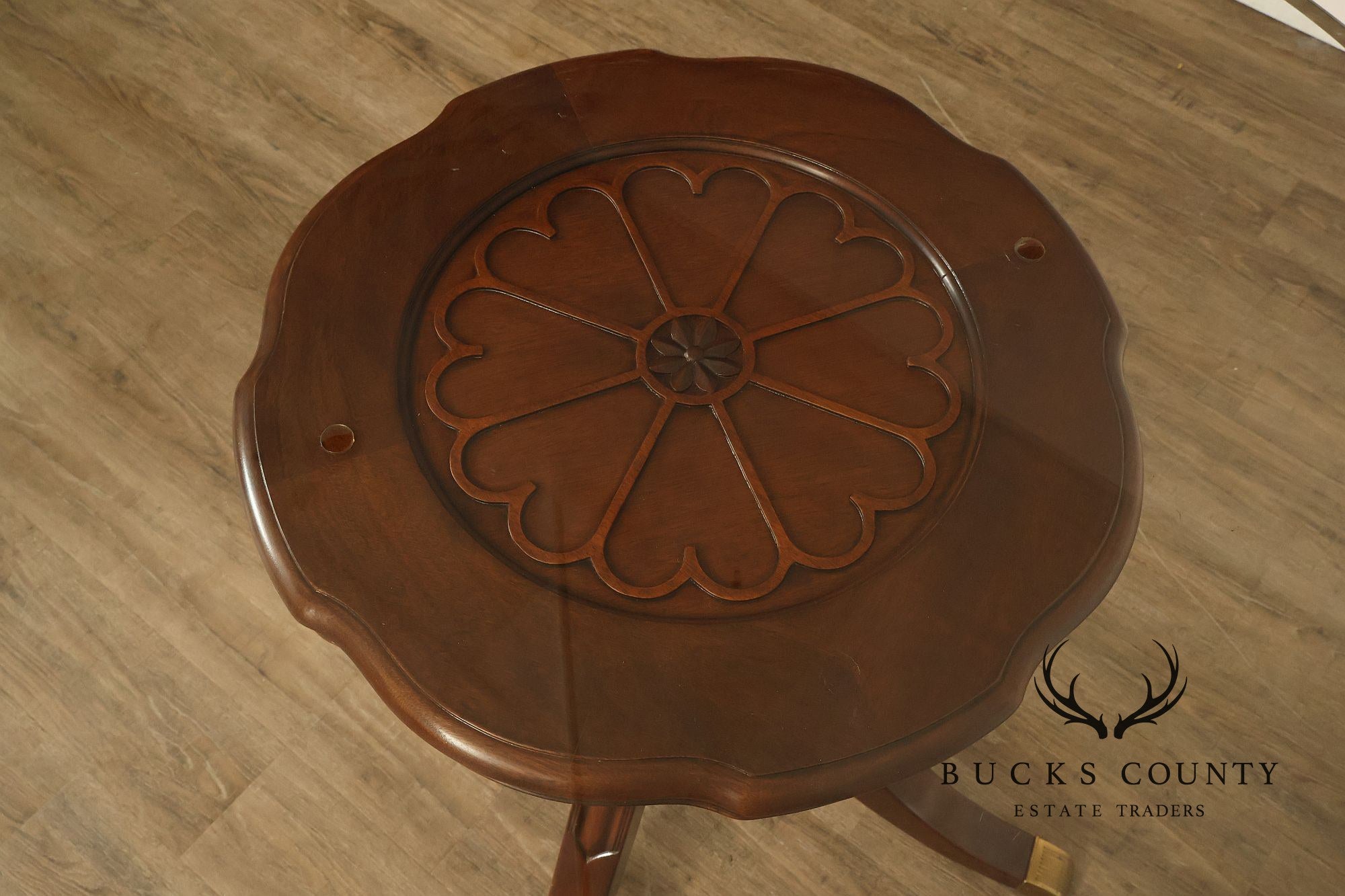 Lexington Furniture Round Glass Top Carved Mahogany Pedestal Table with Center Medallion