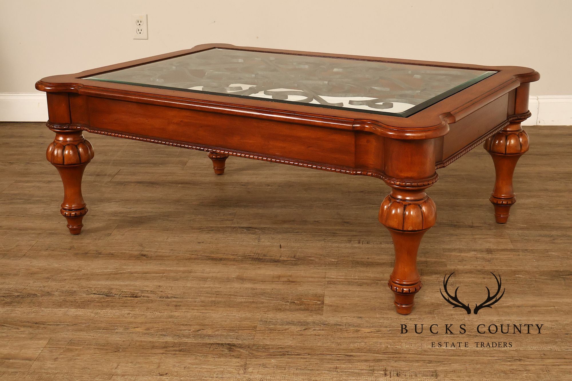 Ethan Allen Tuscany Glass Top Coffee Table With Iron Scroll Base