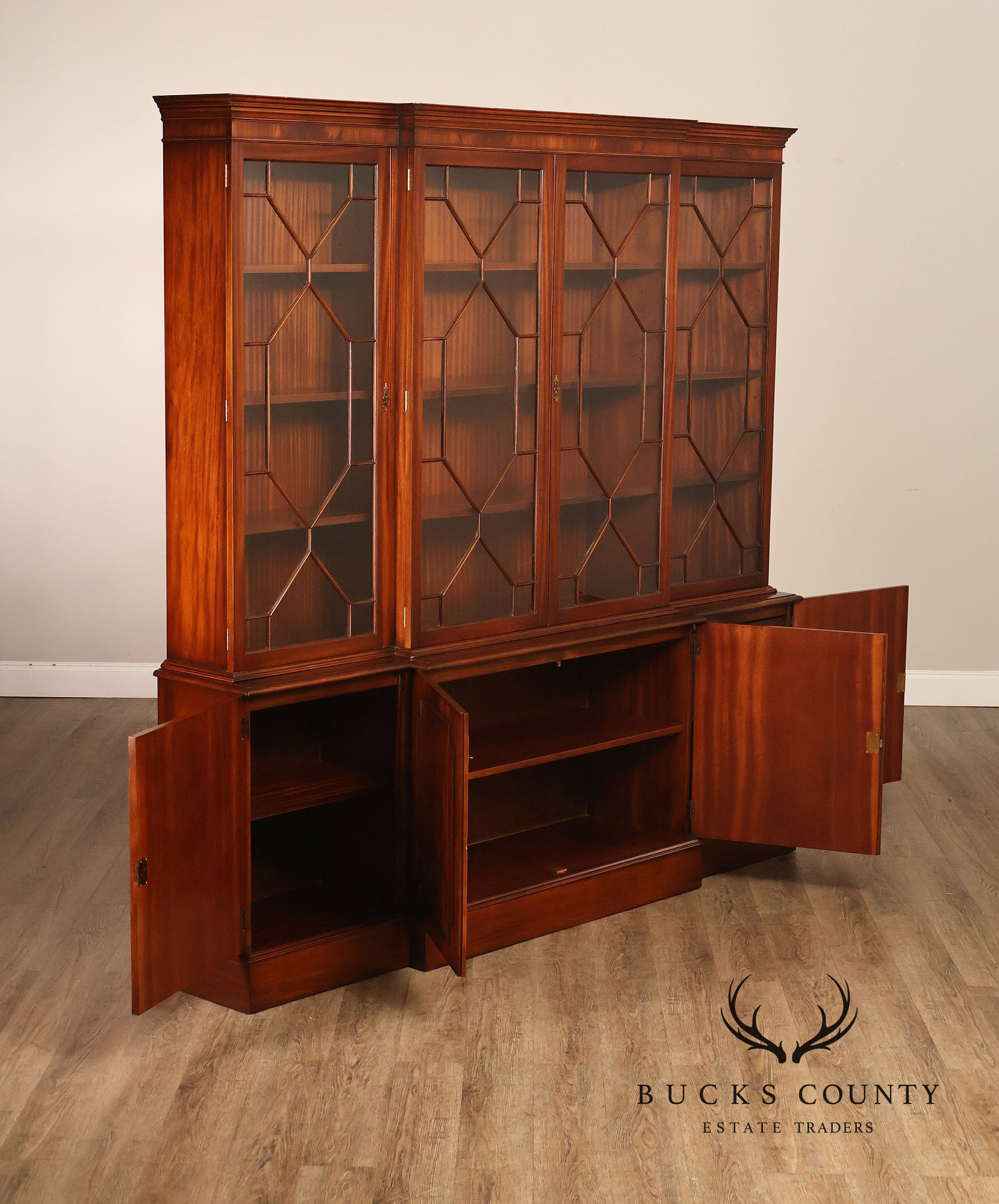 Georgian Style English Mahogany Four Door Bookcase Breakfront