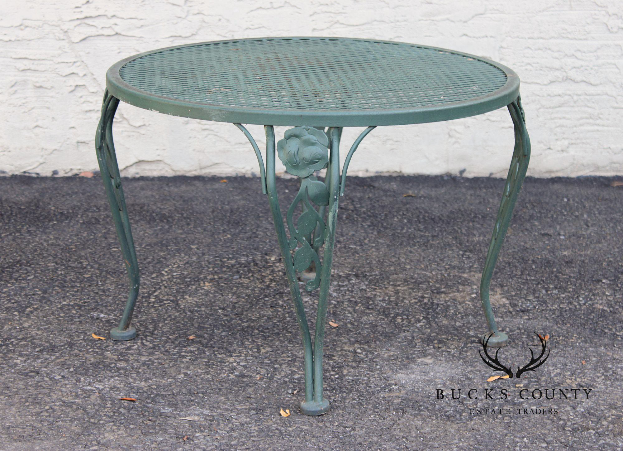Wrought Iron Outdoor Round Mesh Top Patio Table With Floral Motif