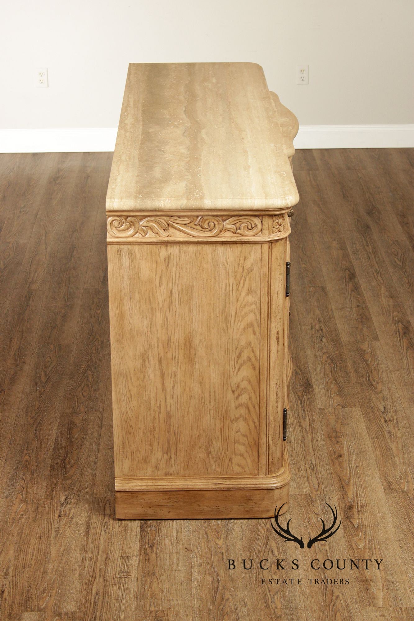 Bernhardt Tuscan Style Carved Cerused Oak Sideboard With Travertine Top