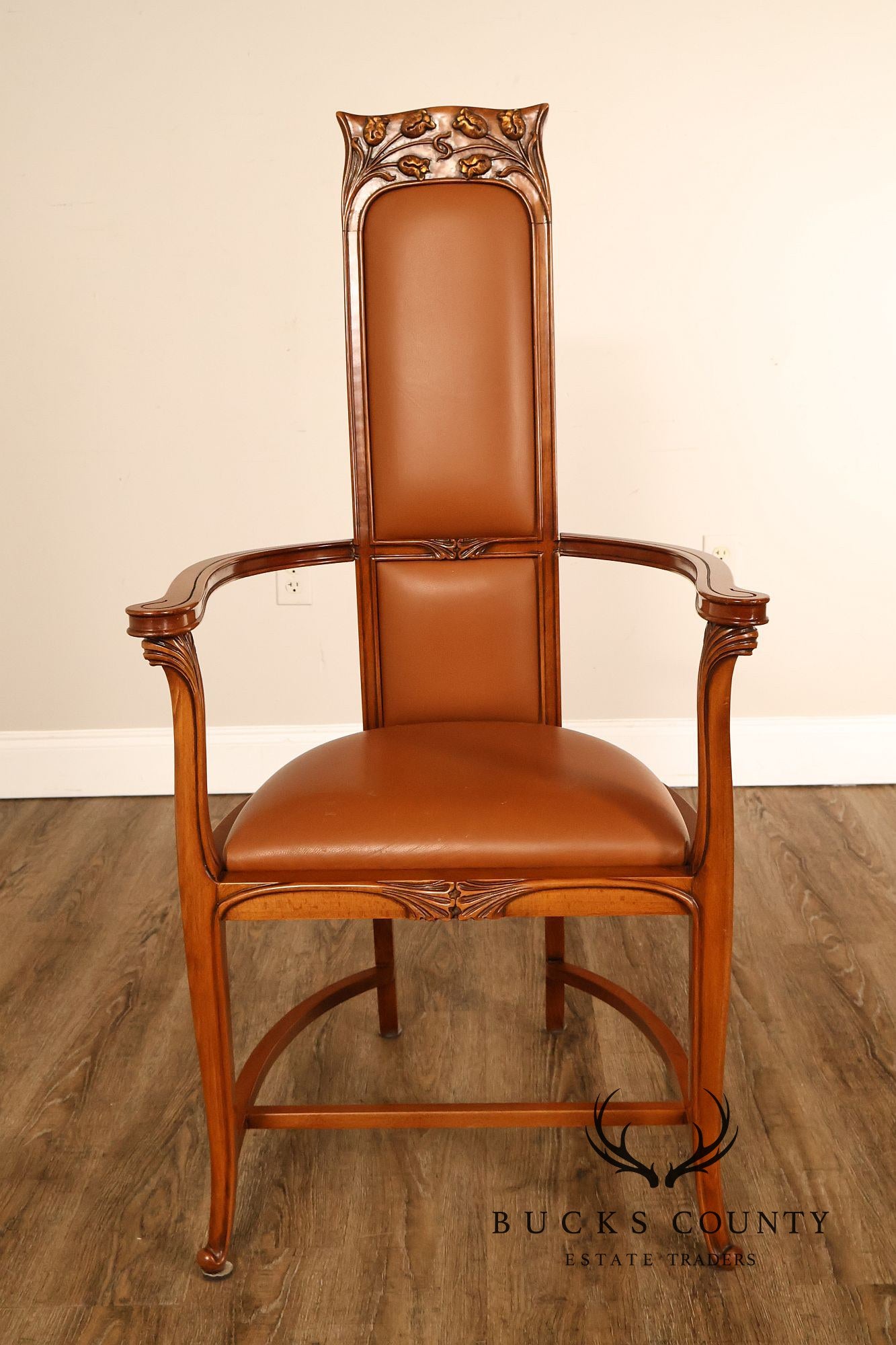 Antique Art Nouveau Carved Wood And Leather Armchair