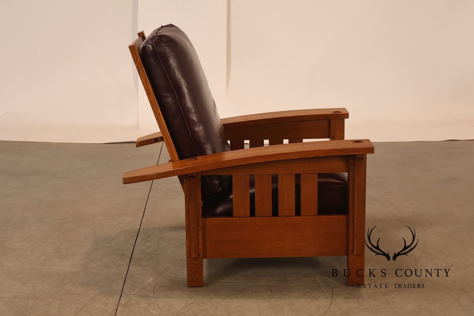 Stickley Mission Collection Pair Of Oak & Leather Bow Arm Morris Chairs