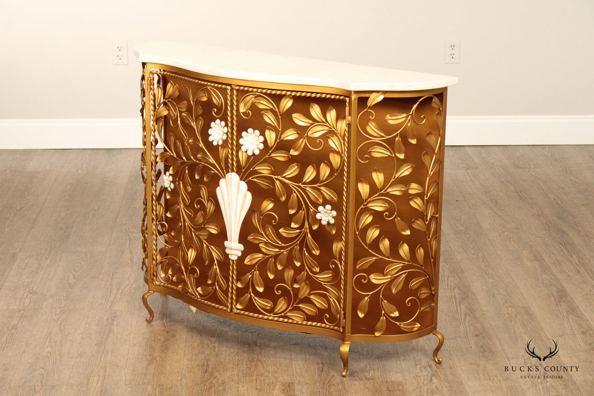 Italian Hollywood Regency Marble Top Floral Console Cabinet
