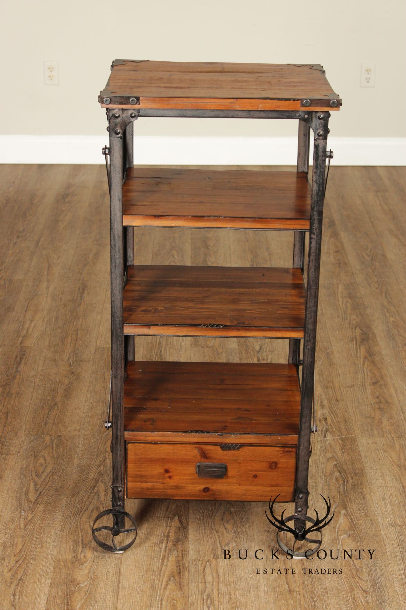 Industrial Rustic Pine And Iron Rolling Shelf With Drawer