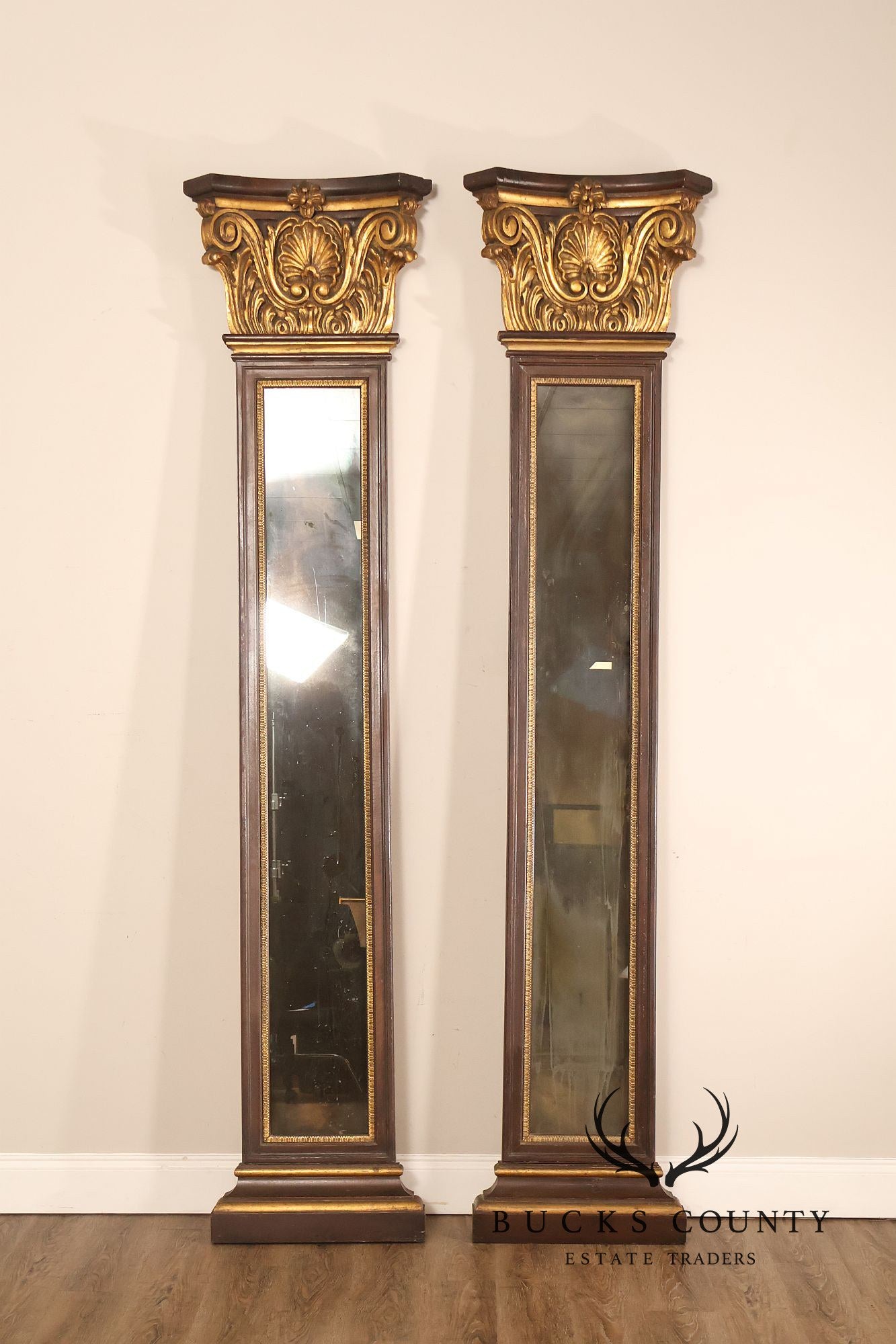 Pair Of Decorative Mirrored Wall Columns With Gilt Carved Capitals By Francisco Hurtado