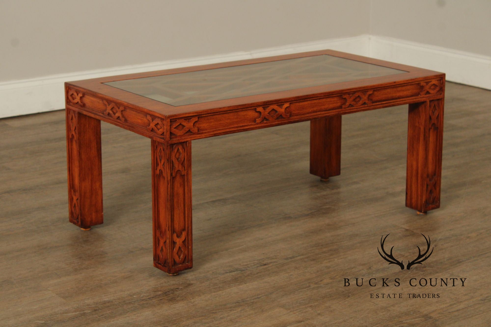 Chinese Chippendale Style Glass Top Coffee Table