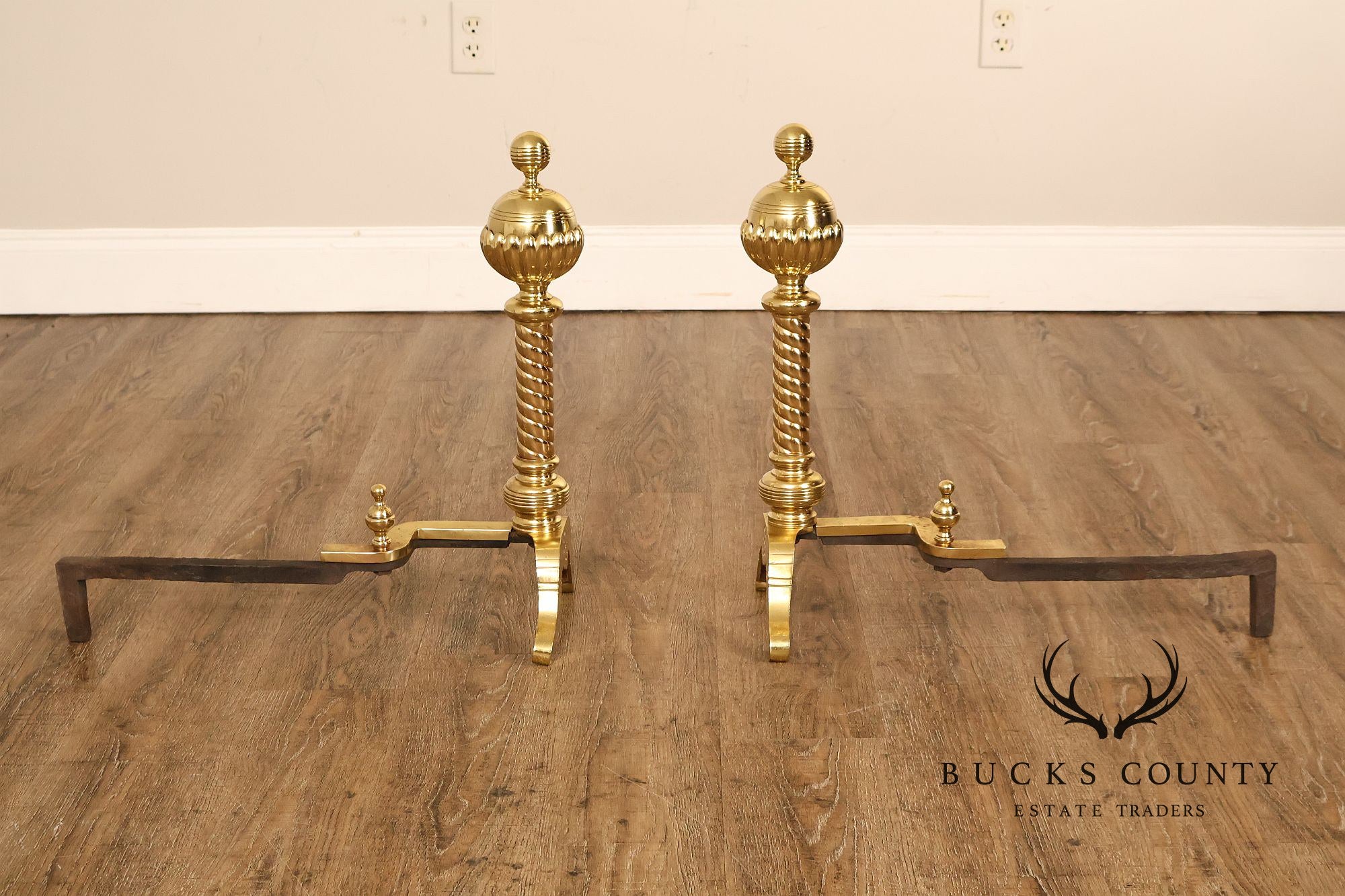 Georgian Style Pair of Polished Brass Fireplace Andirons
