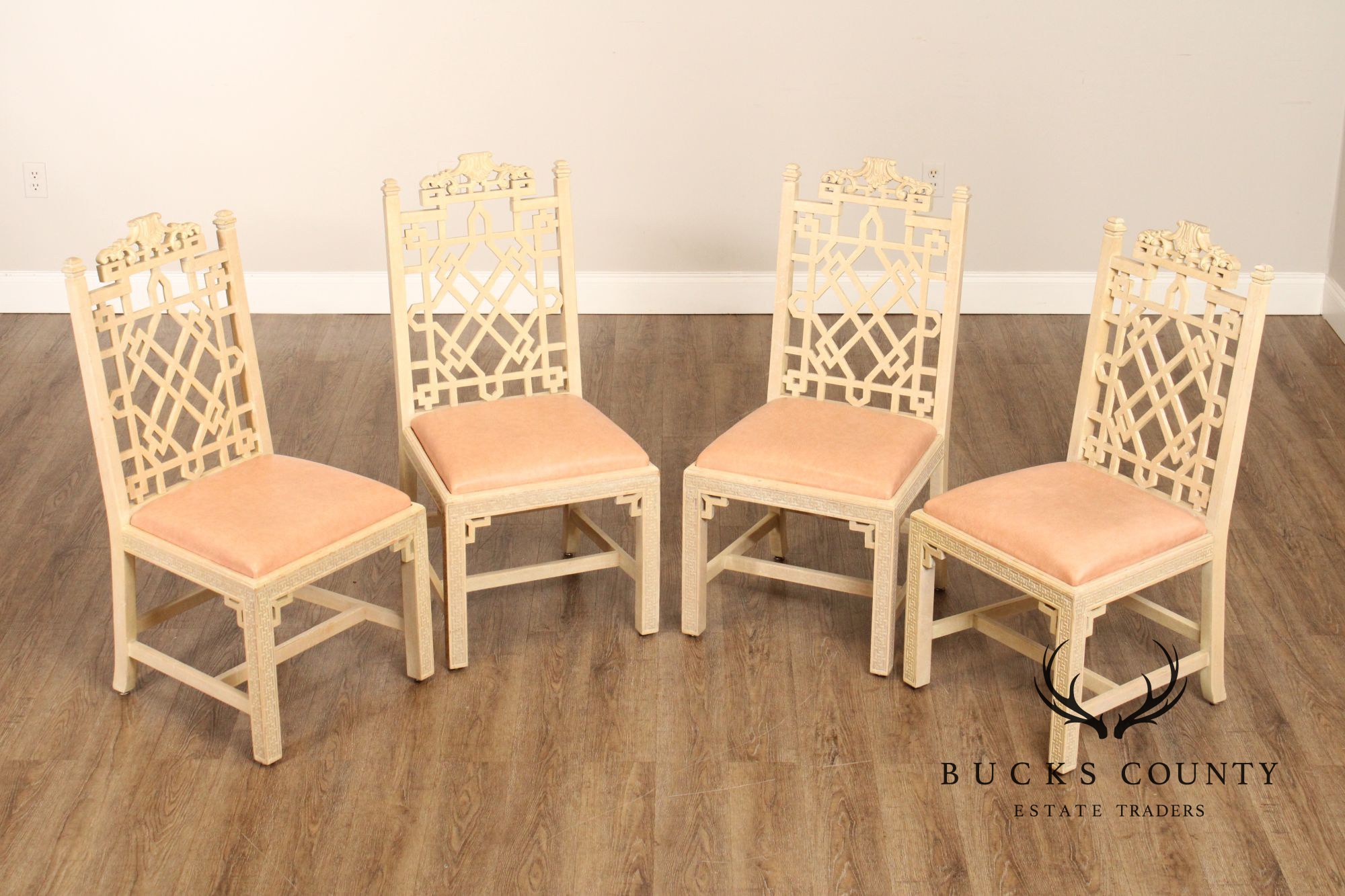 Chinese Chippendale Style Vintage Set Of 4 Painted Dining Chairs