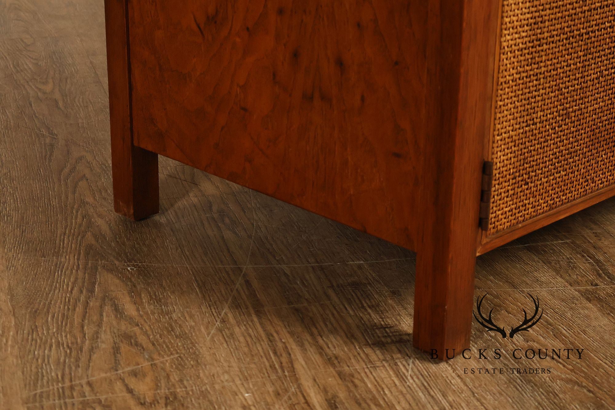 Mid-Century Modern Glass Top Walnut and Cane Side Cabinet