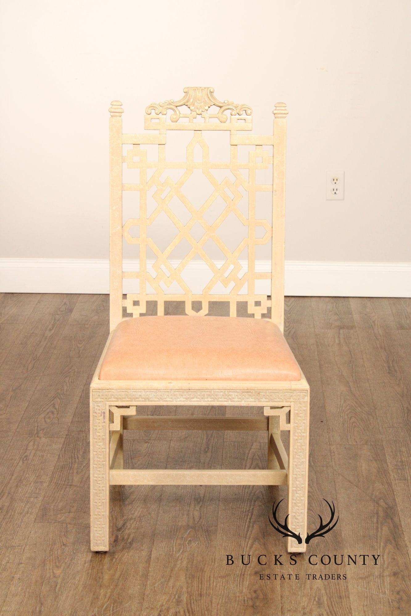 Chinese Chippendale Style Vintage Set Of 4 Painted Dining Chairs