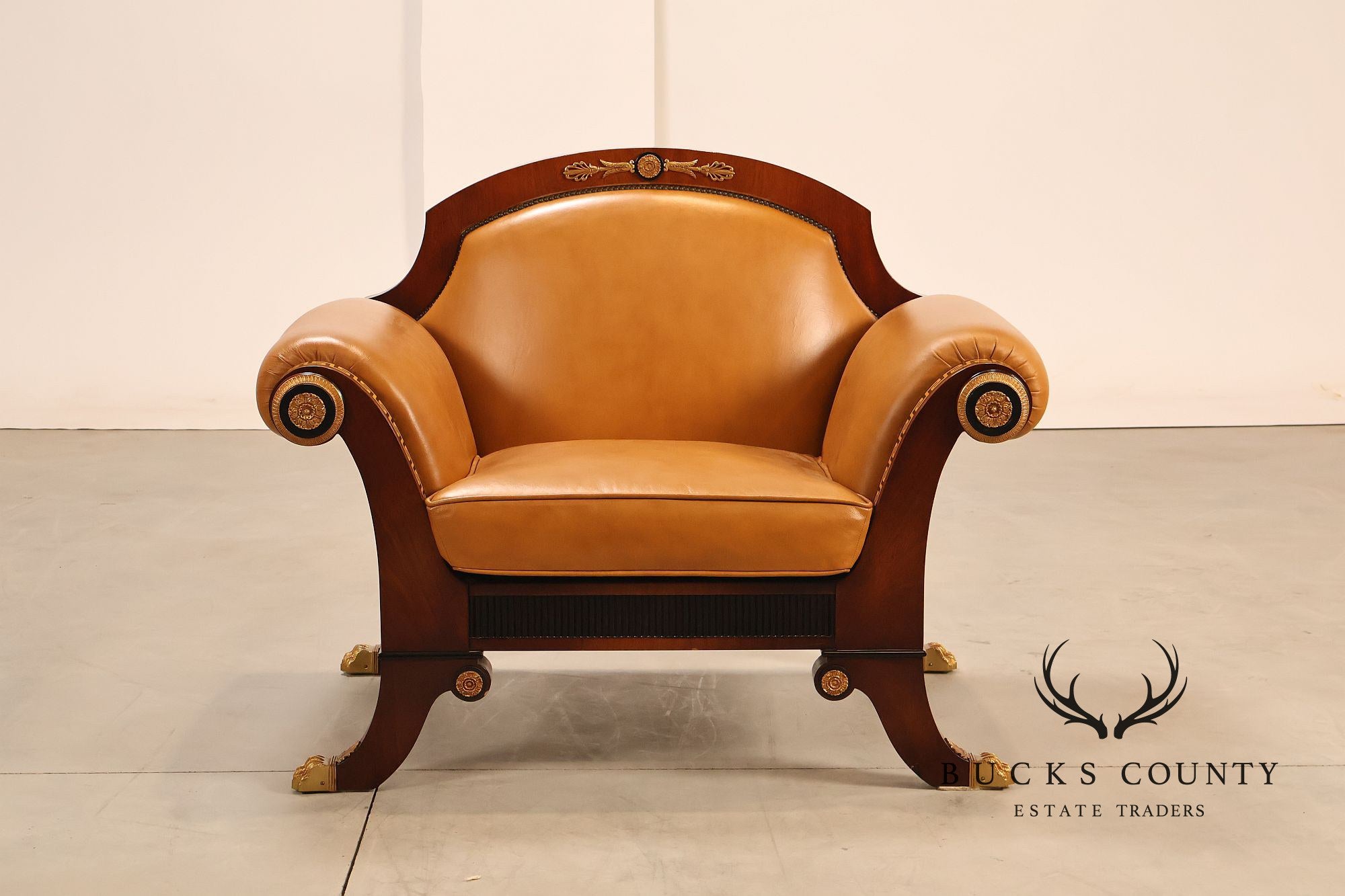 Empire Style Mahogany And Leather Armchair With Gilt Bronze Mounts