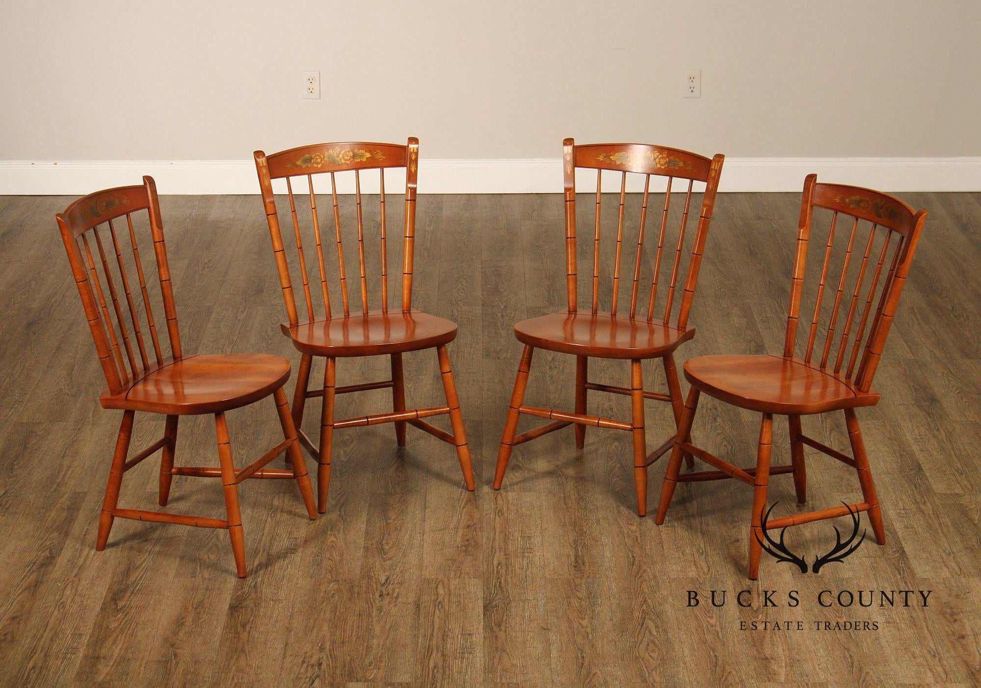 L. Hitchcock Set Of Four Stenciled Spindle Back Dining Chairs