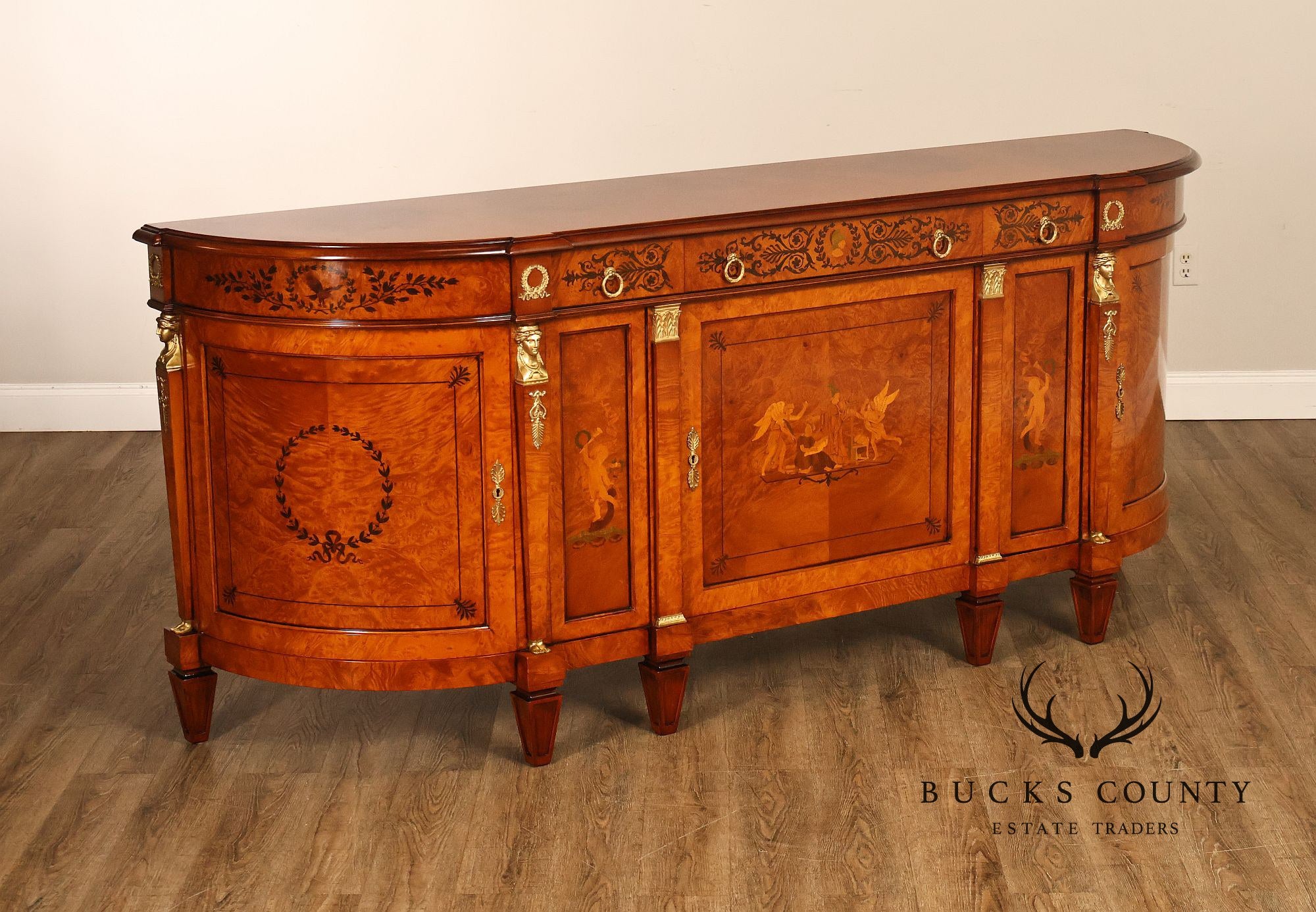 Rho Mobili D'Epoca Neoclassical Burl Wood Marquetry Inlaid Sideboard