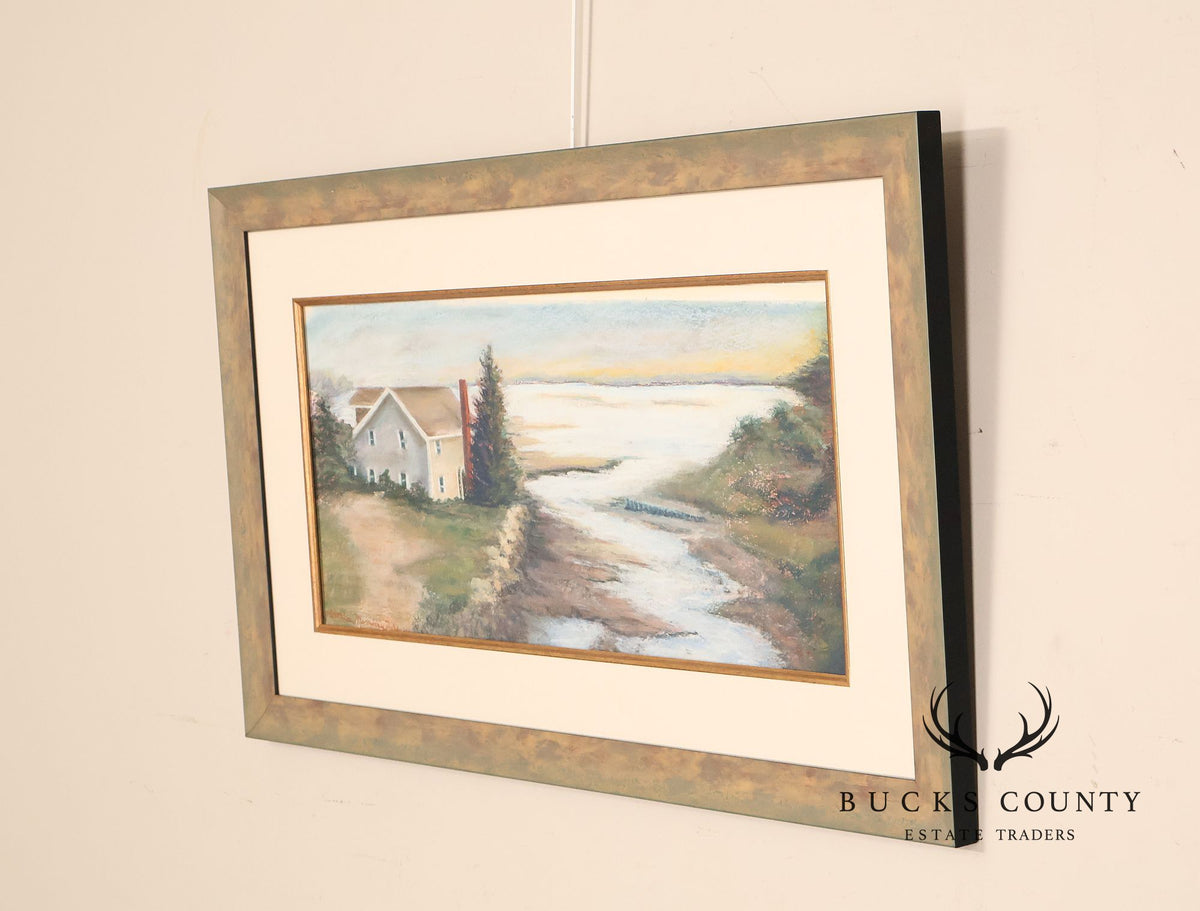 Framed Coastal Landscape "House By The Water" Painting Signed Letitia Morrison Halsey