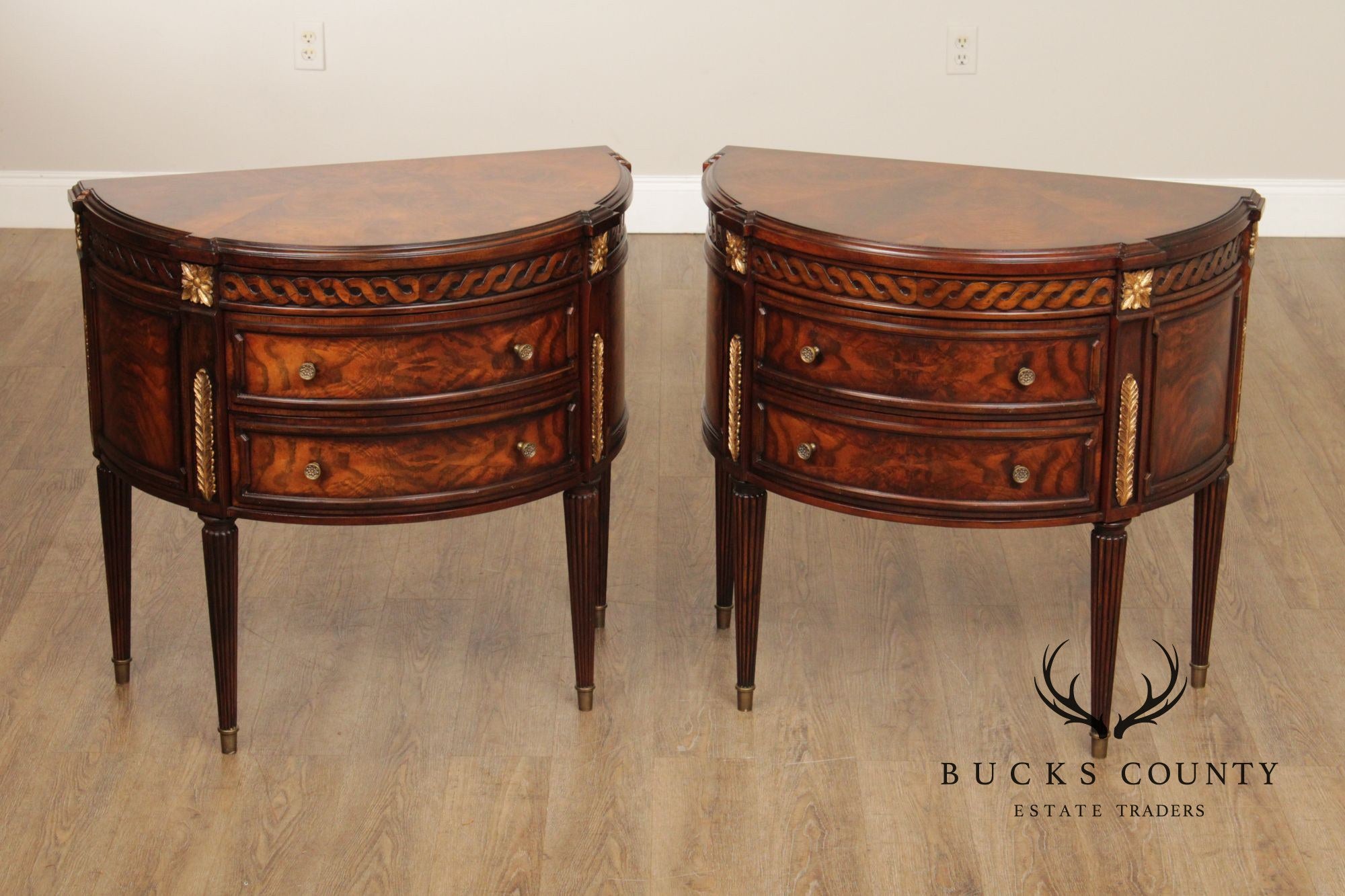 Monarch For Century Louis XVI Style Pair Of Mahogany Demilune Commodes
