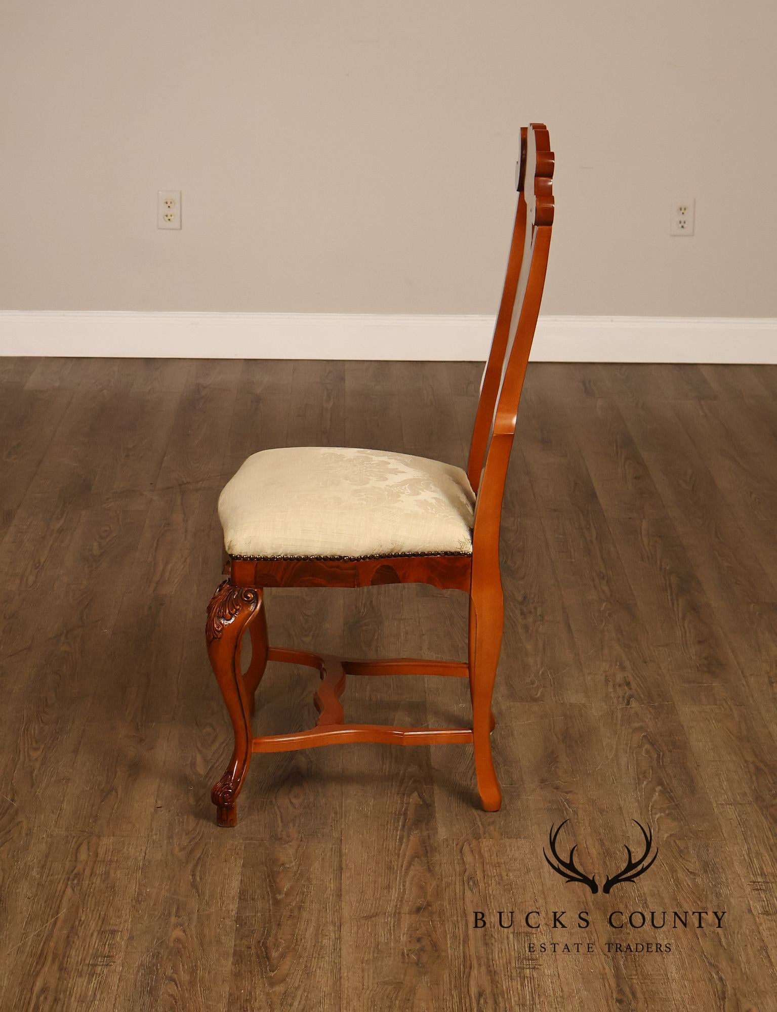 Italian Baroque Style Set of Eight Inlaid Olive Wood Dining Chairs