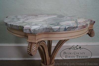 Grosfeld House Pair of Painted Carved Wood Plume Base Marble Top Side Tables