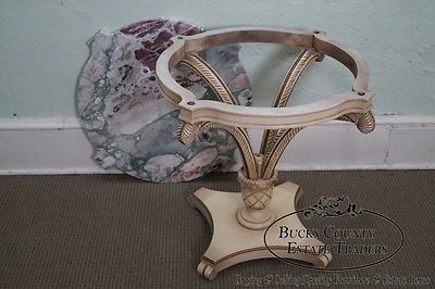 Grosfeld House Pair of Painted Carved Wood Plume Base Marble Top Side Tables