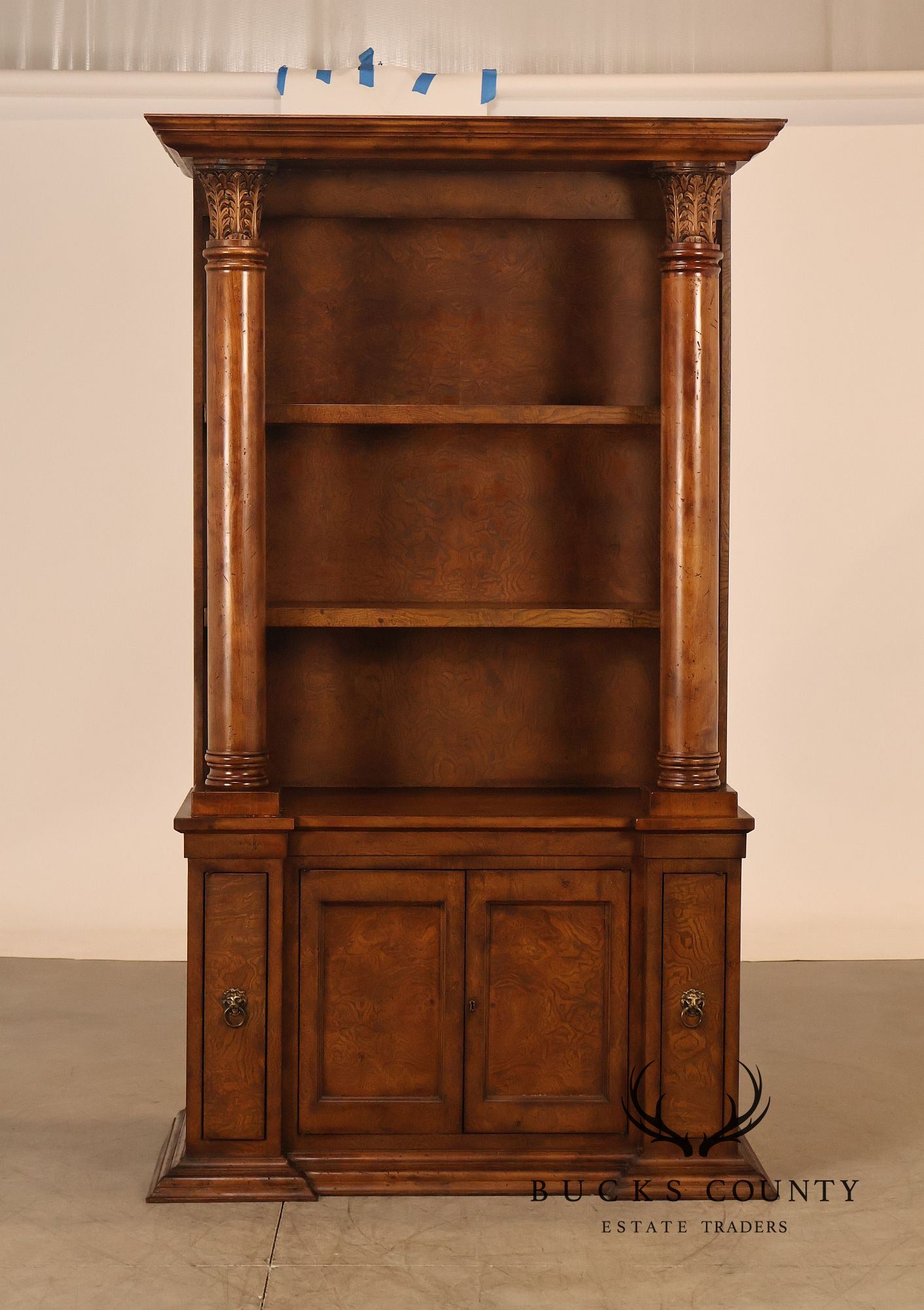 Large Classical Style Burl Wood Open Bookcase With Corinthian Columns