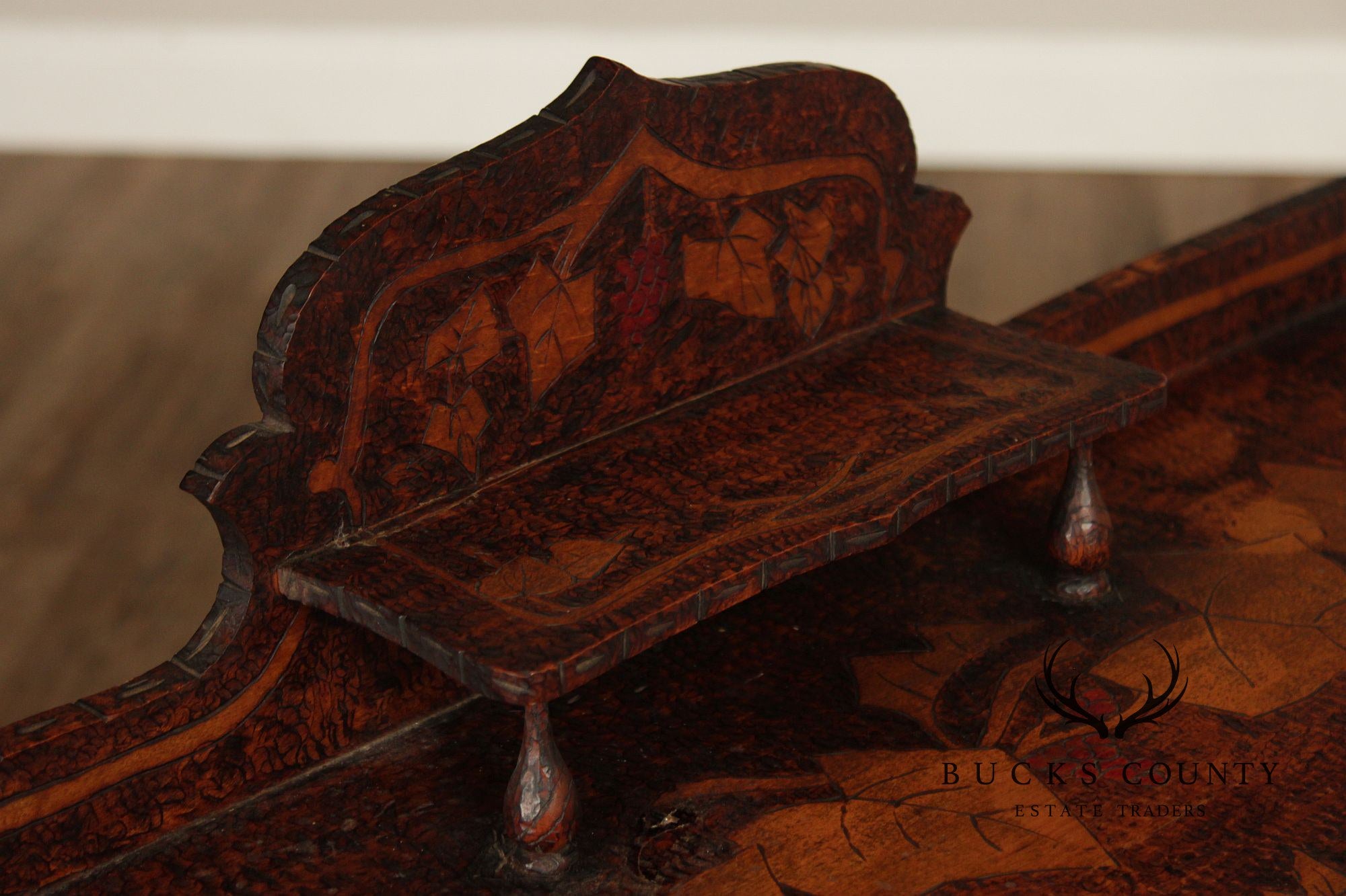 Antique Art Nouveau Style Carved And Pyrography Writing Desk And Chair Set