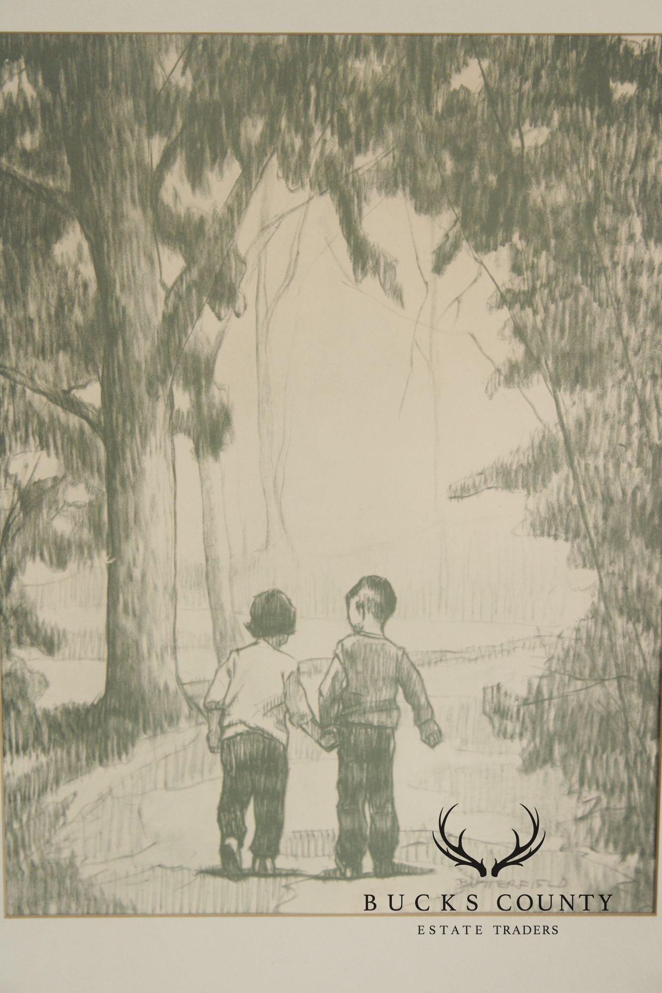 W. Cortland Butterfield Framed Drawing, Children in a Wood